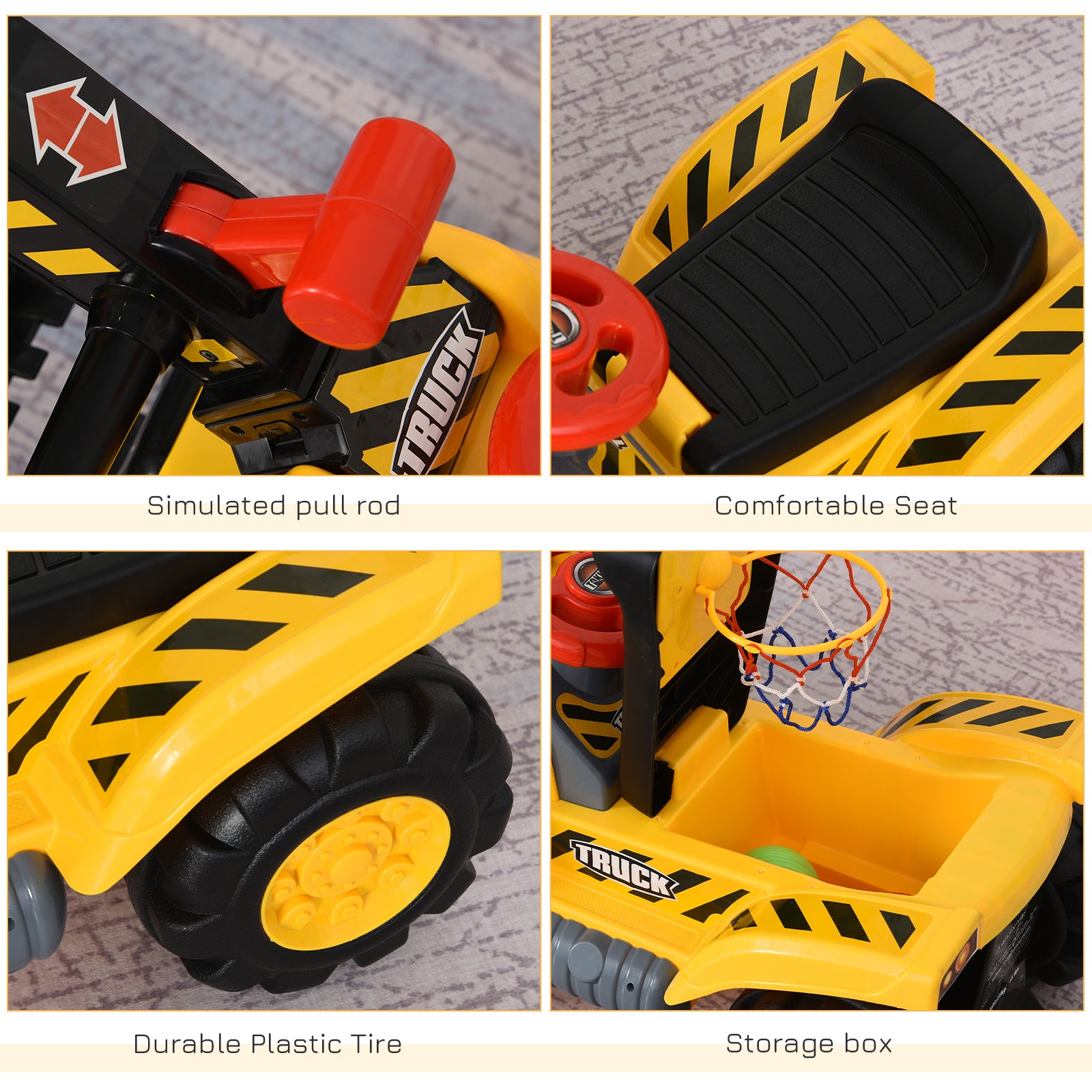 HOMCOM Kids Ride On Excavator Digger w/ Storage Basketball Net Steering NO POWER Wheel Vehicle Truck Toy - North Peak Garden Furniture