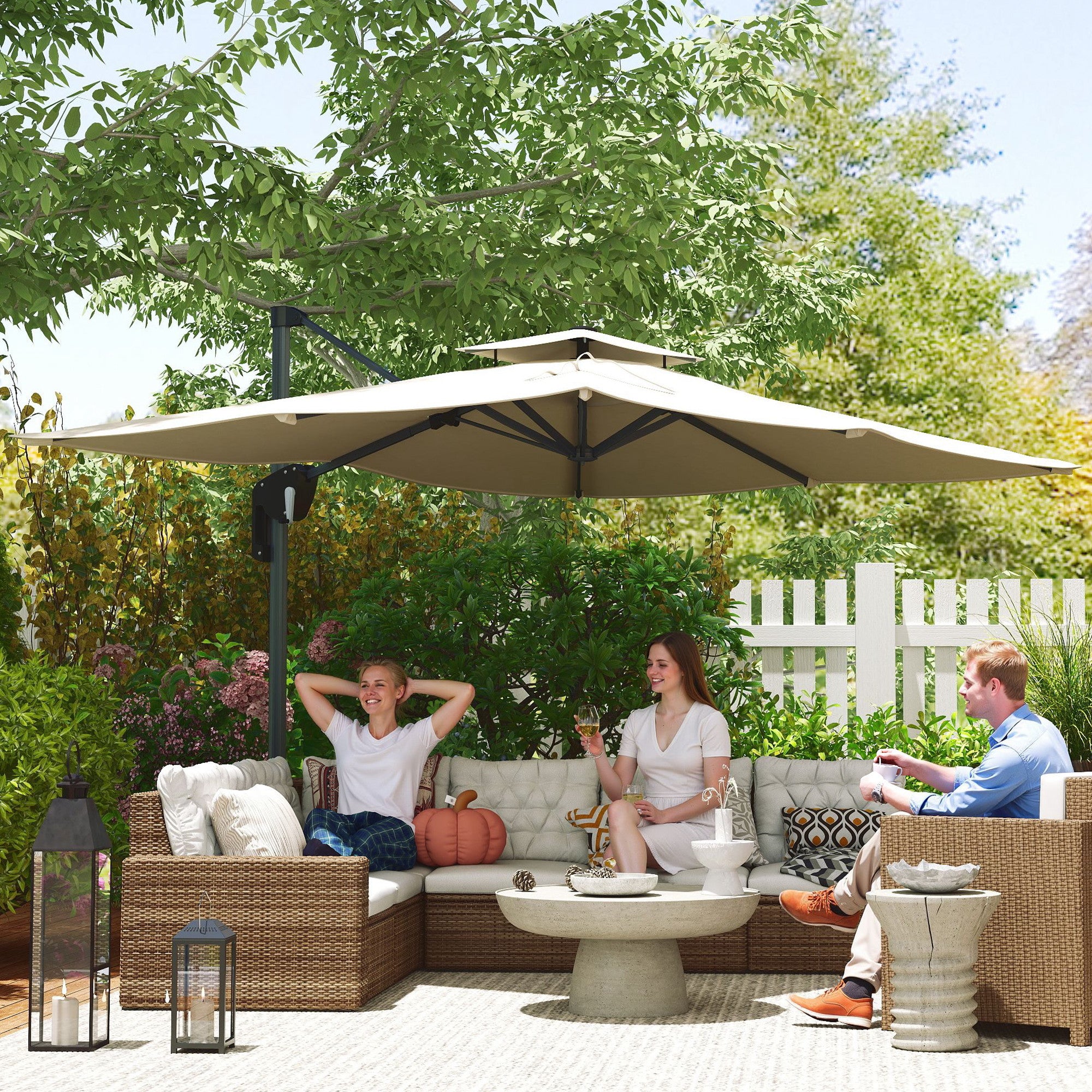 Outsunny 3.7 x 2.7 m Cantilever Parasol w/ 360° Rotation and Easy Tilt Adjustment, Aluminium Hanging Offset Outdoor Umbrella w/ Double Top and Cross Base, UPF50+ Hanging Sun Shade, Grey Wood Effect - North Peak Garden Furniture