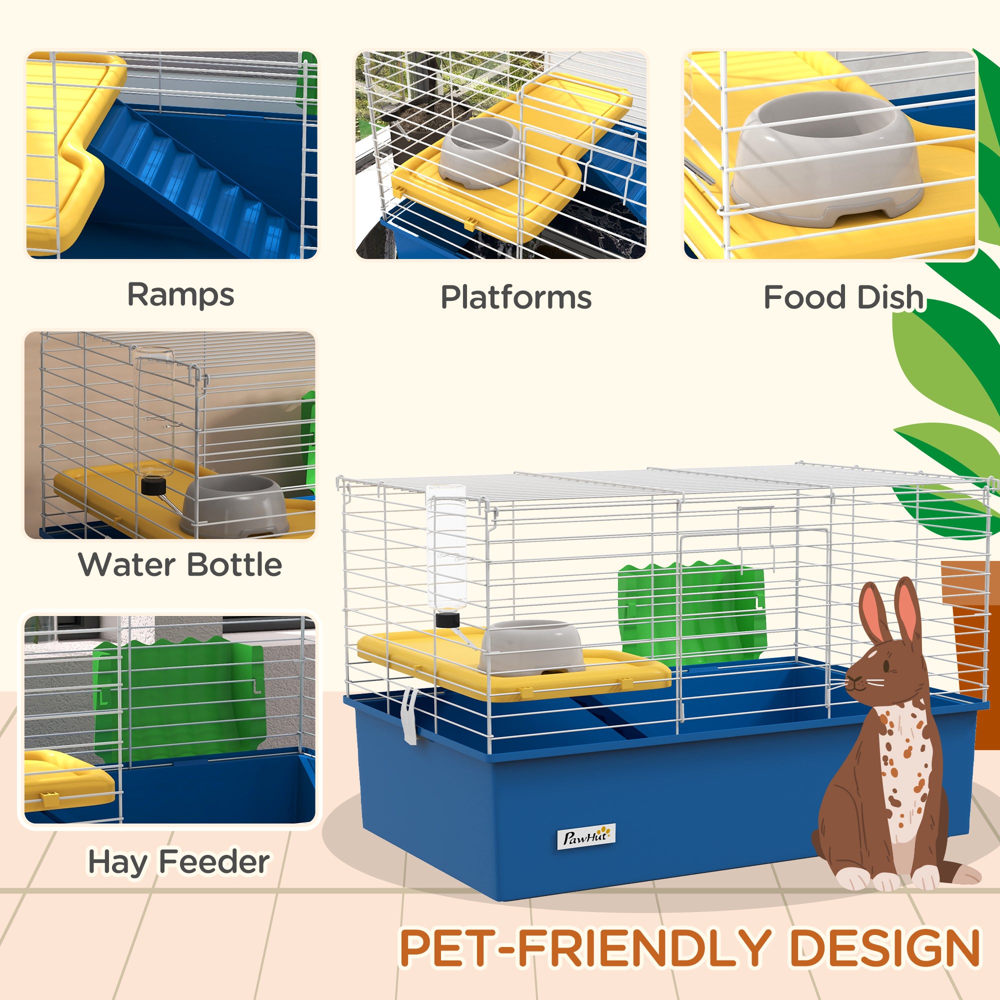 PawHut Chinchillas Small Rabbit Guinea Pig Small Animal Cage, Pet Playhouse, with Platform, Ramp, 71 x 46 x 47cm, Blue - North Peak Garden Furniture