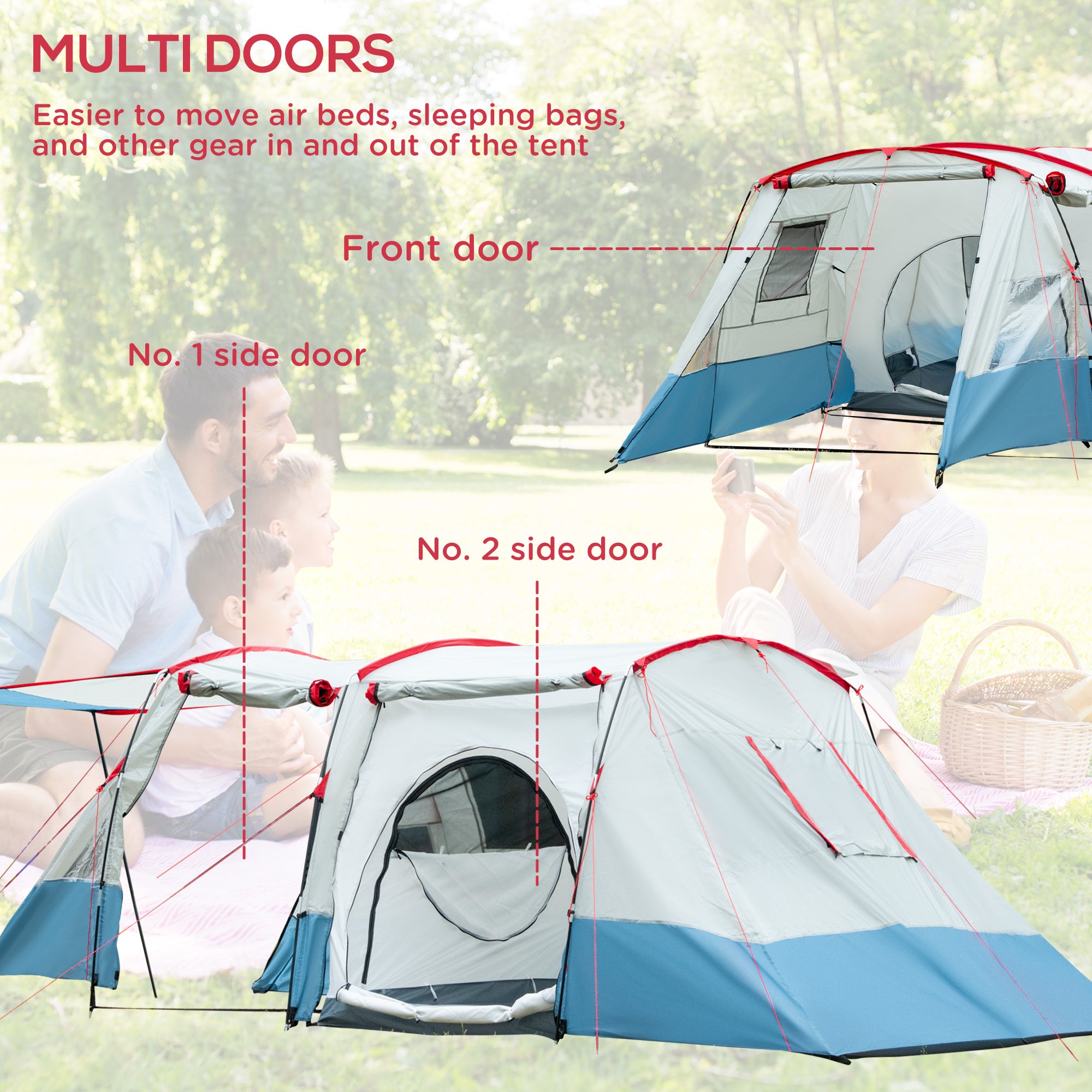 Outsunny 6-8 Person Tunnel Tent, Camping Tent with Bedroom, Living Room, Sewn-in Floor, 3 Doors and Carry Bag, 2000mm Water Column for Fishing, Hiking, Sports, and Traveling, Blue - North Peak Garden Furniture