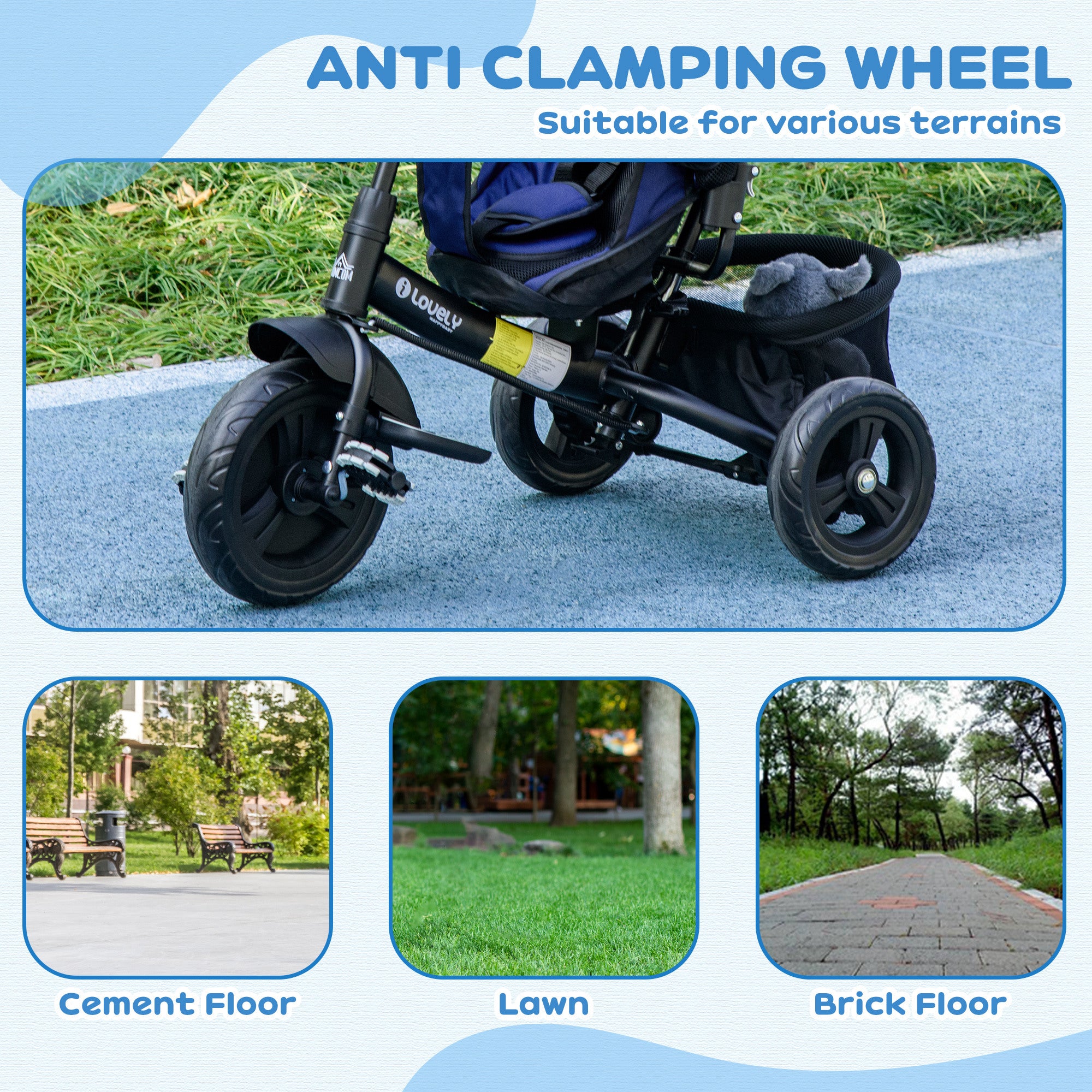 HOMCOM 6 in 1 Kids Trike Push Bike w/ Push Handle, Canopy, 5-point Safety Belt, Storage, Footrest, Brake, for 1-5 Years, Blue - North Peak Garden Furniture