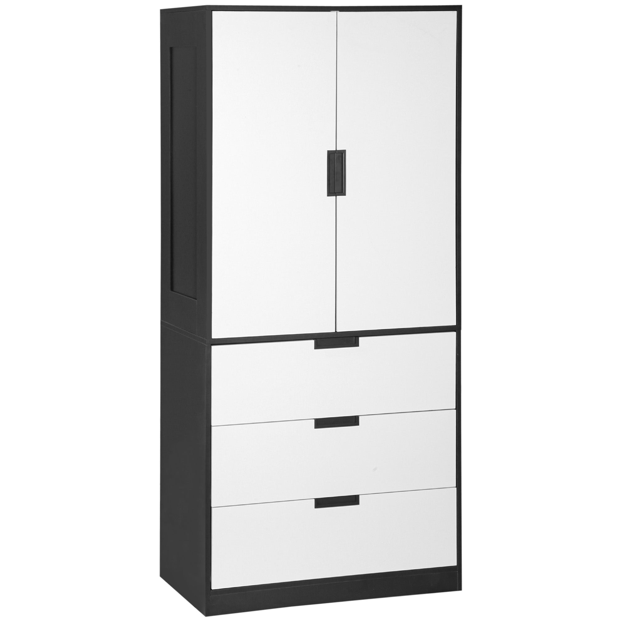 HOMCOM 2 Door Wardrobe, Modern Wardrobe with 3 Drawers and Hanging Rod for Bedroom, Black - North Peak Garden Furniture