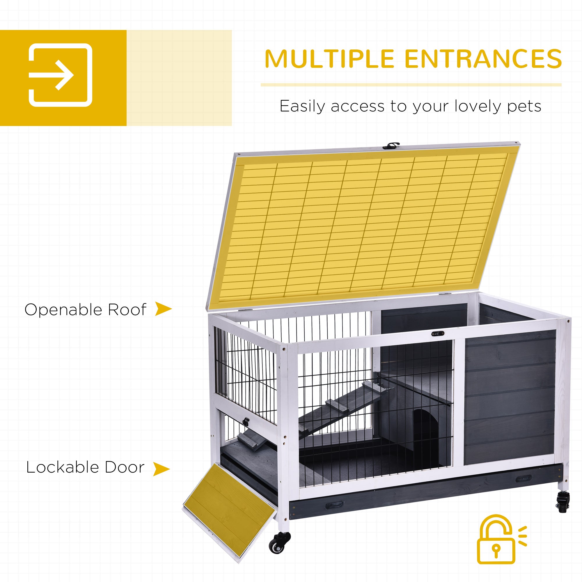 PawHut Rabbits Indoor Fir Wood Lift-Top Hutch Grey