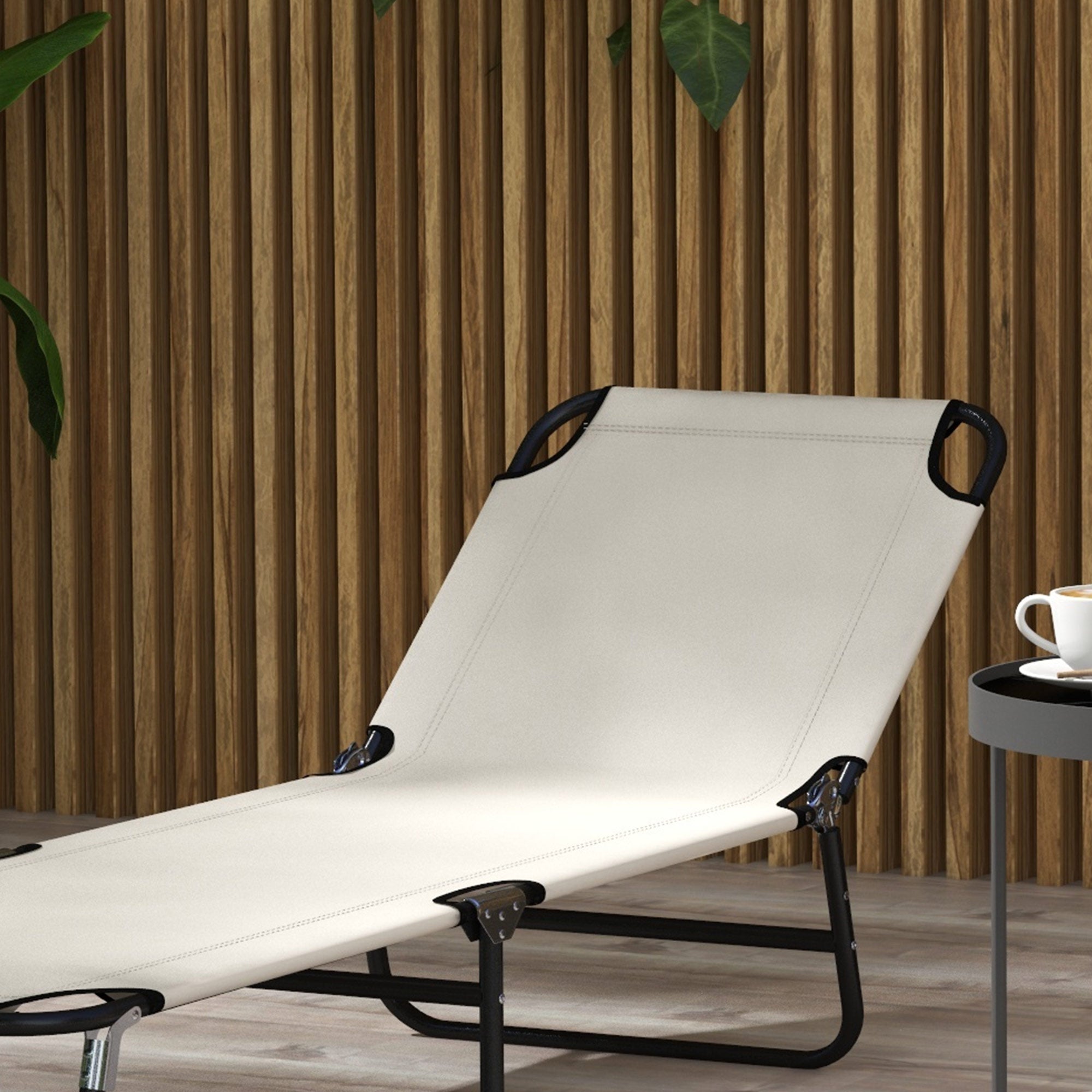 Outsunny Garden Sun Lounger, with Five-Position Back - Cream White - North Peak Garden Furniture