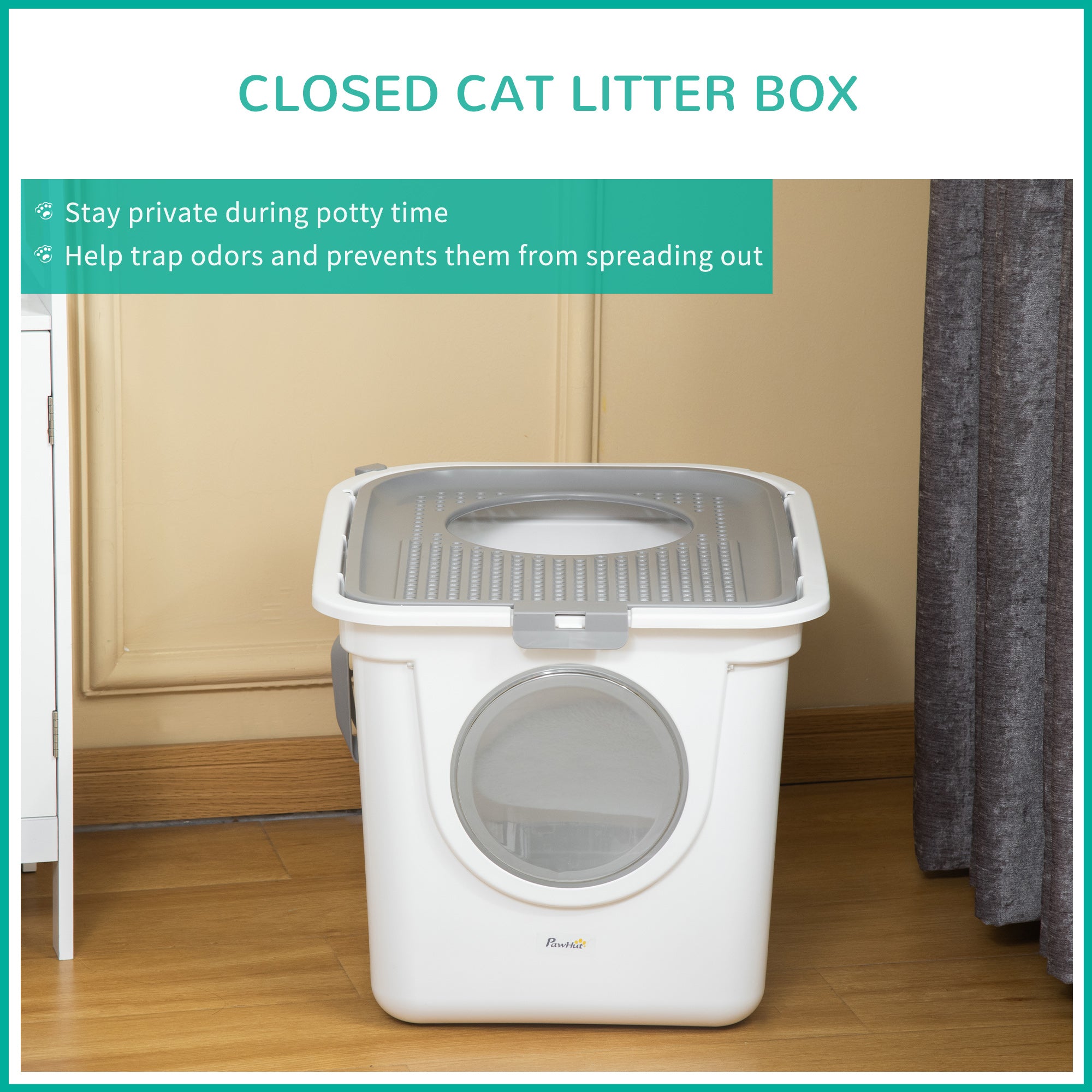 PawHut Enclosed Cat Litter Box, Easy Clean Pet Toilet, Front Entry & Top Exit, Includes Scoop, Sleek White | Aosom UK