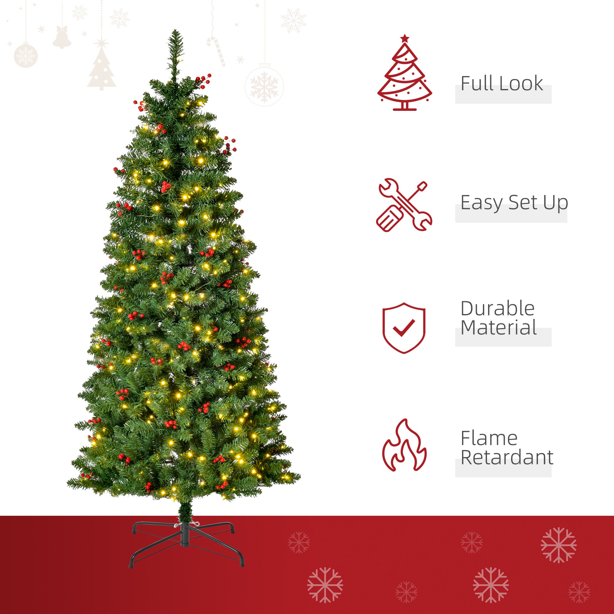 HOMCOM 5FT Prelit Artificial Pencil Christmas Tree with Warm White LED Light, Red Berry, Holiday Home Xmas Decoration, Green - North Peak Garden Furniture