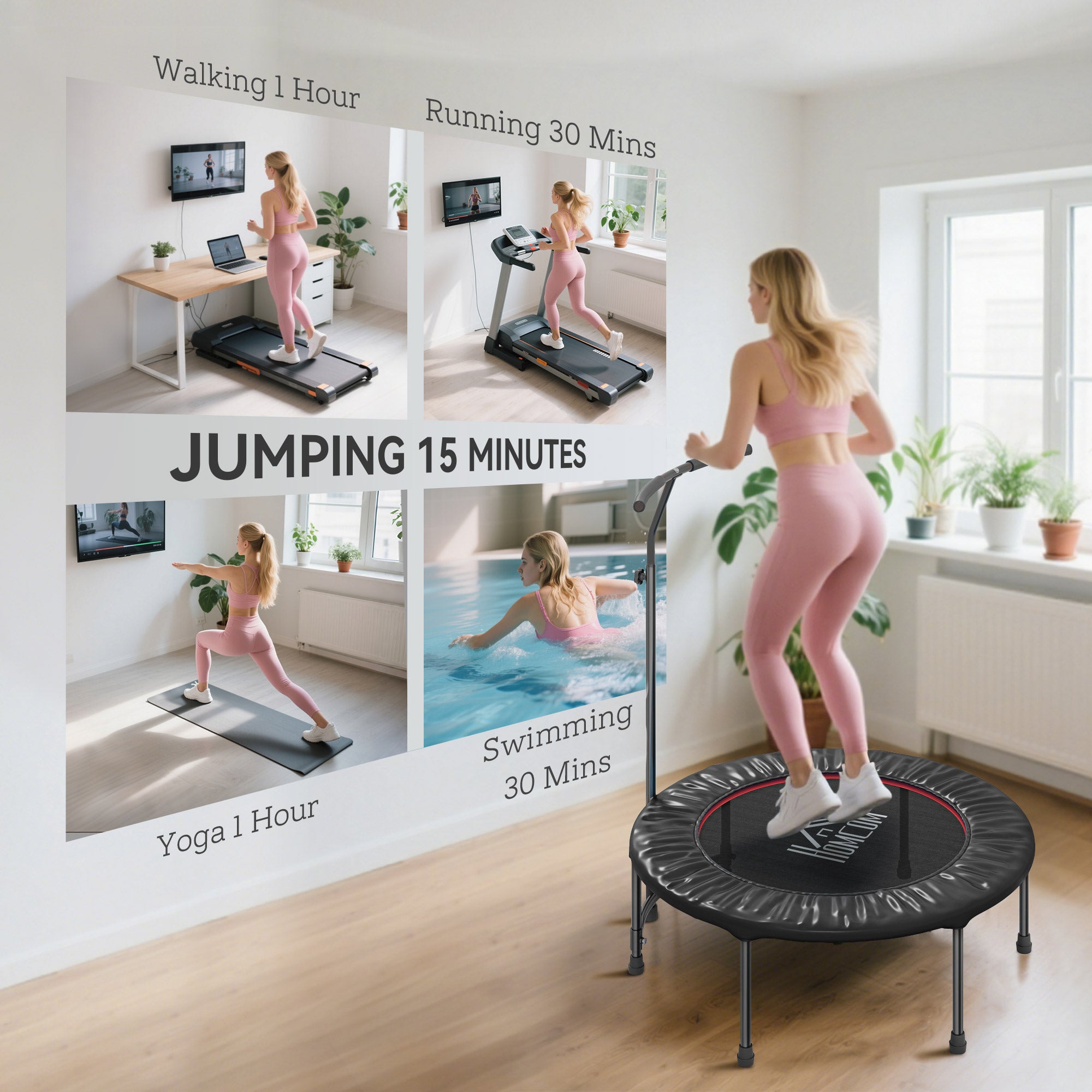 HOMCOM 40'' Fitness Trampoline with Adjustable Handle, Rebounder Trampoline Mini Jumper for Indoor Exercise Workout, Support Up to 100kg, Black