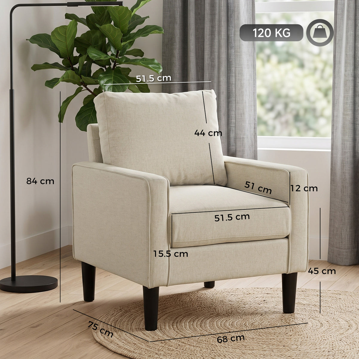 HOMCOM Accent Chair, Removable Pillow Linen Armchair with Comfy Spring Cushion for Living Room, Bedroom, Study, Cream