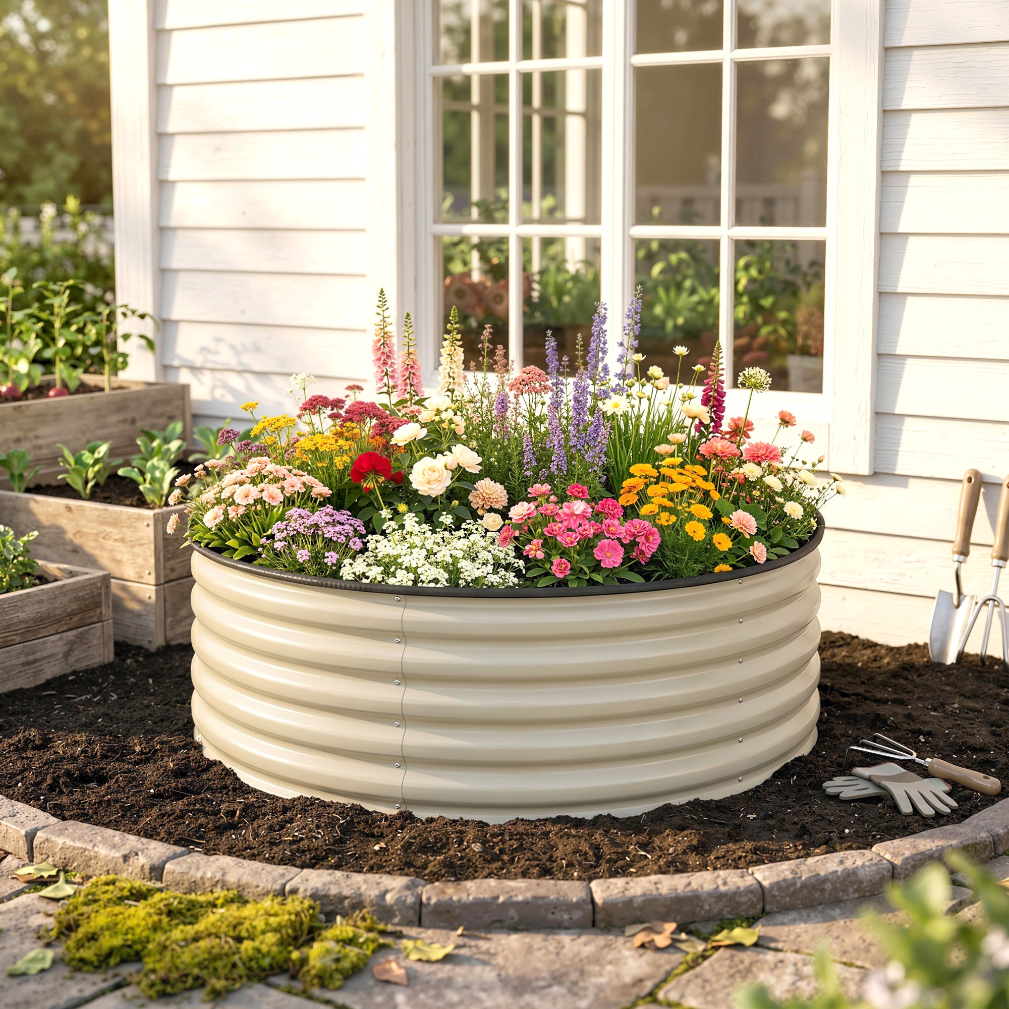 Outsunny Galvanised Raised Garden Bed with Safety Edging, Outdoor Raised Planter Box with Gloves, 120 x 120 x 43cm, Cream White