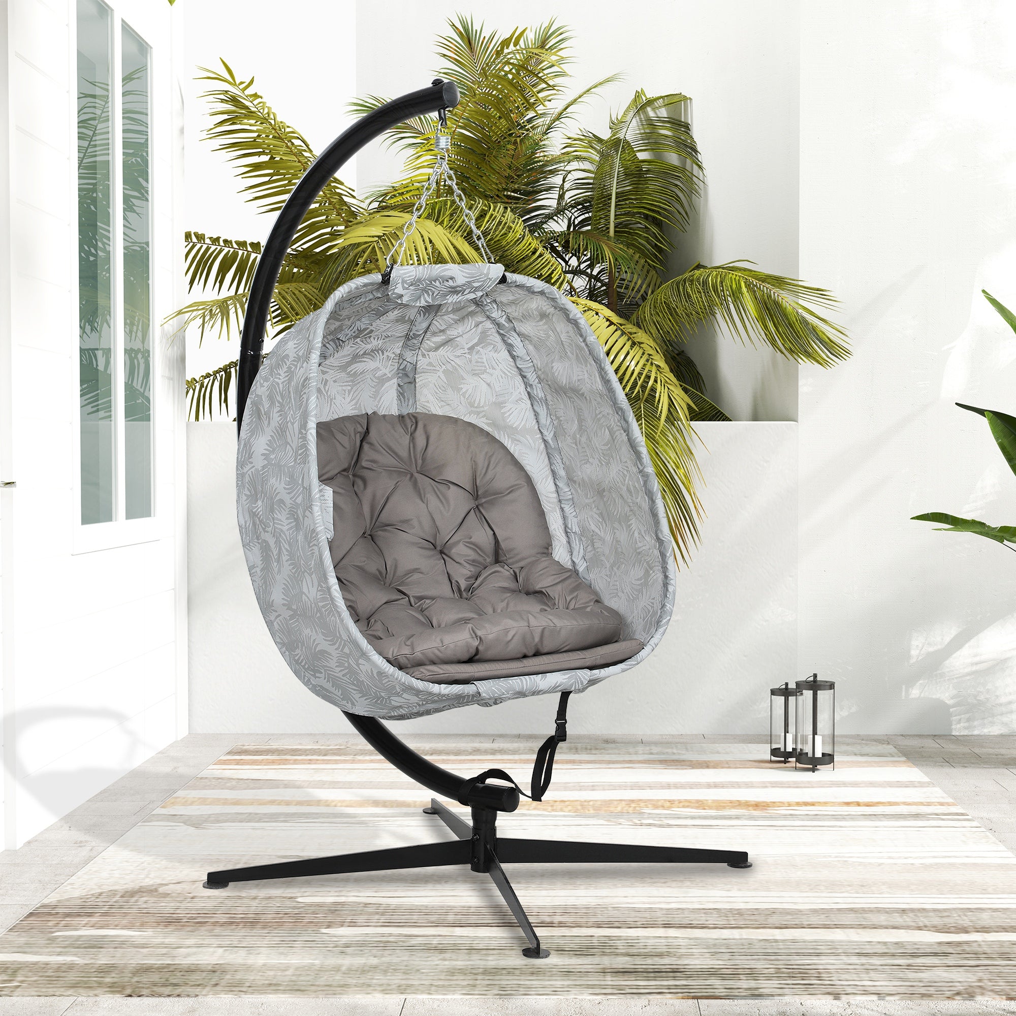 Outsunny Hanging Egg Chair Outdoor Indoor Garden Swing Chair with Folding Basket, Garden Hanging Chair with Stand, Thickened Cushion, Cup Holder for Patio, Balcony, Sand Brown - North Peak Garden Furniture