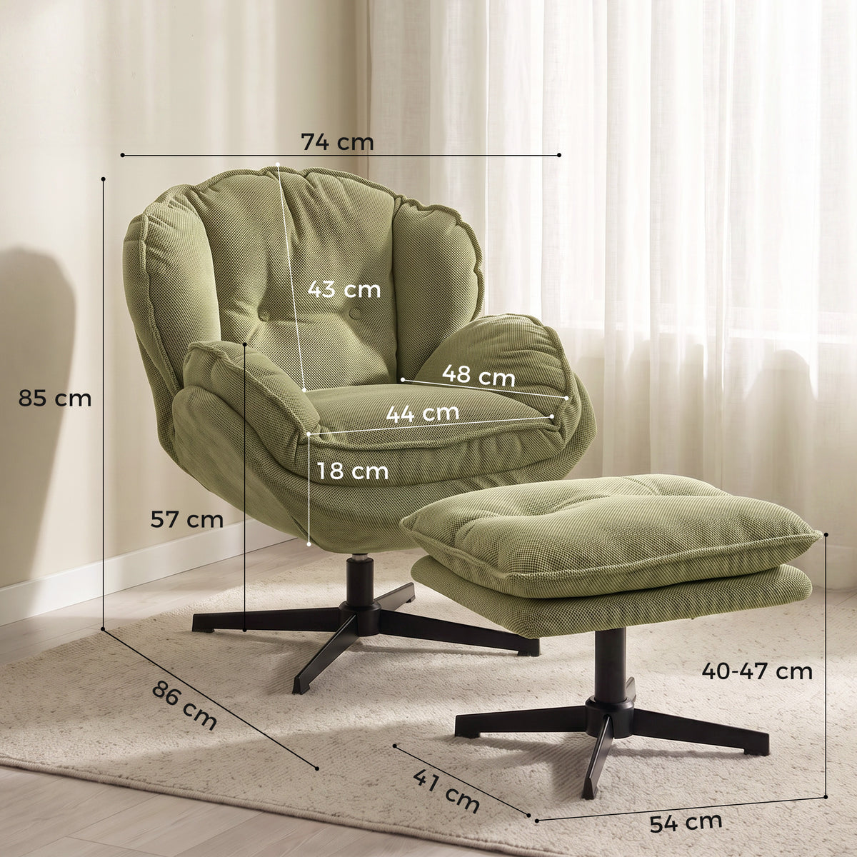 HOMCOM Armchair with Adjustable Footstool, 360-Degree Swivel Chenille Cloud Accent Chair with Thick Cushion, Steel Base, Green