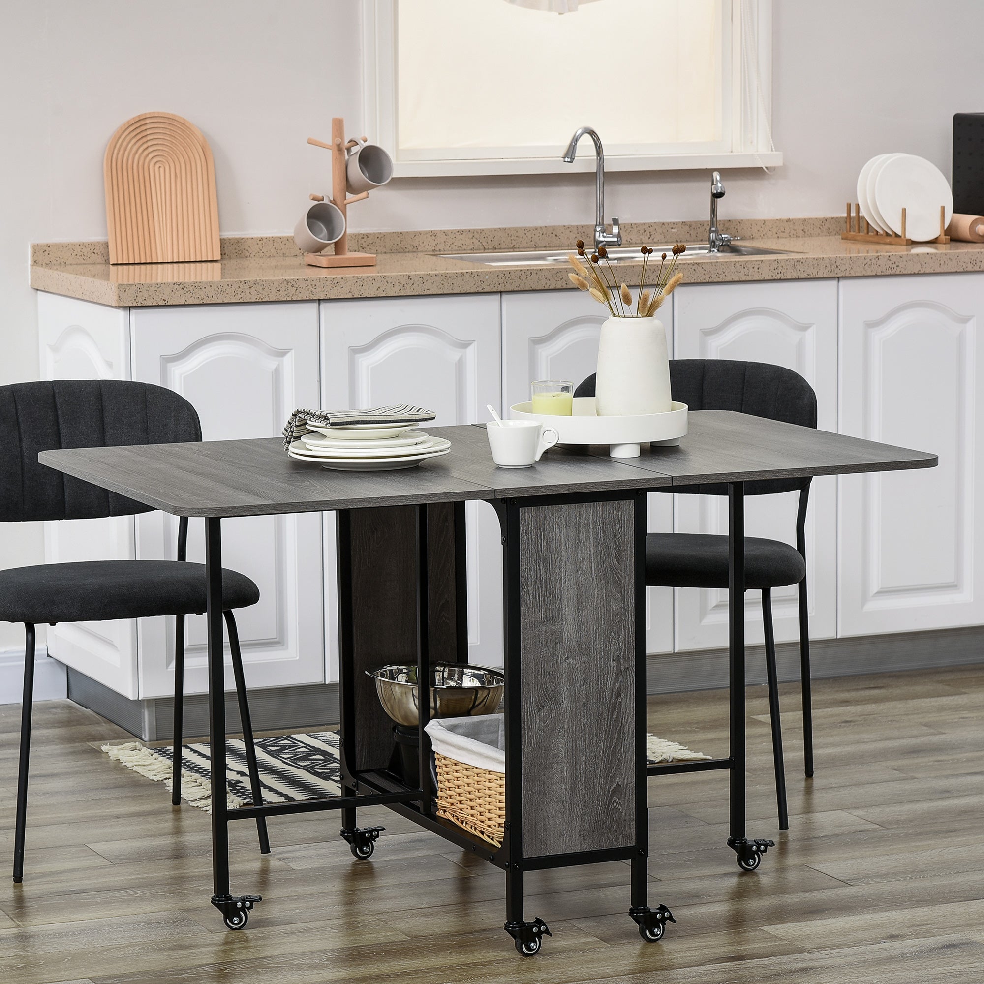 HOMCOM Six-Person Drop Leaf Dining Table - Grey/Black - North Peak Garden Furniture