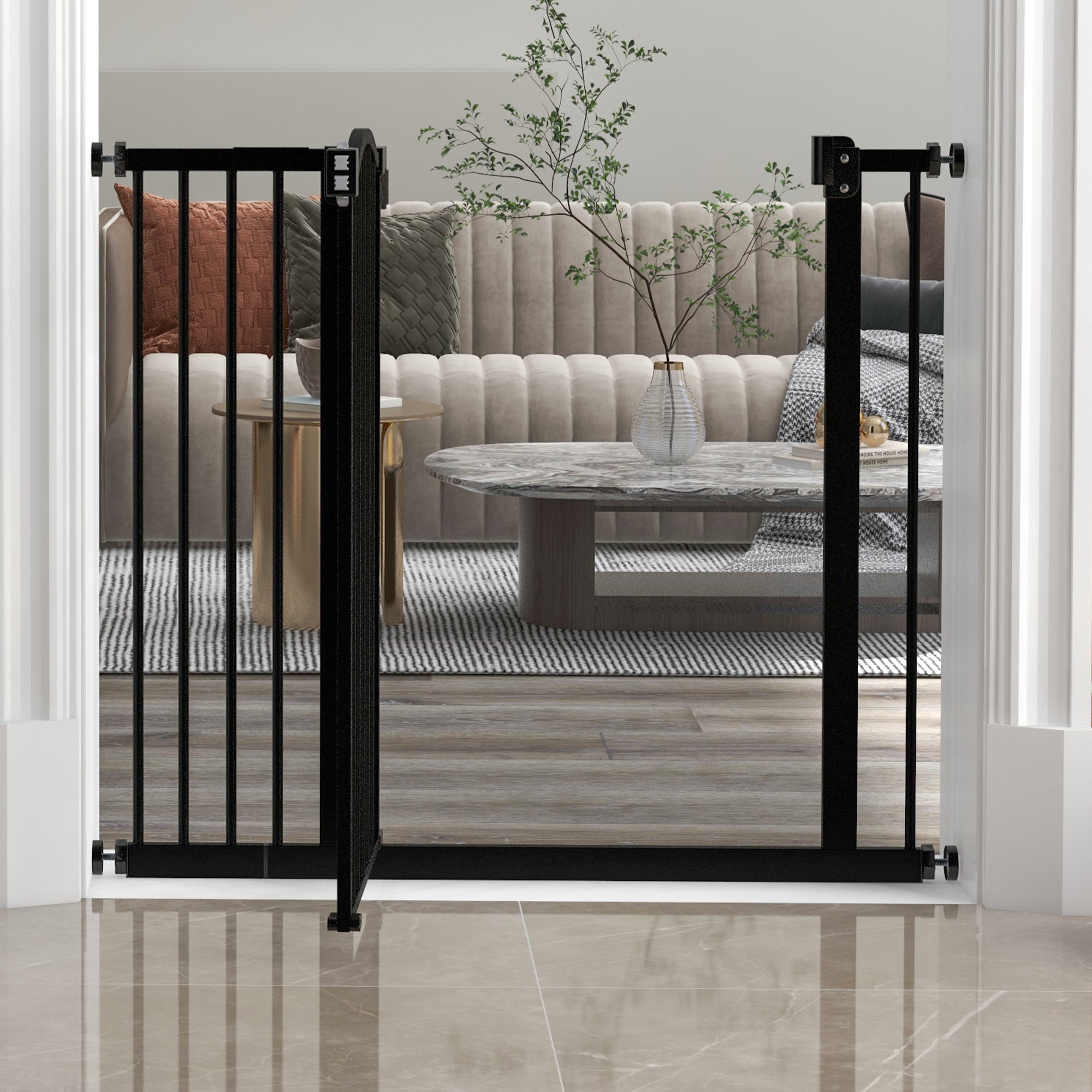 PawHut Metal 74-94cm Adjustable Pet Gate Safety Barrier w/ Auto-Close Door Black - North Peak Garden Furniture