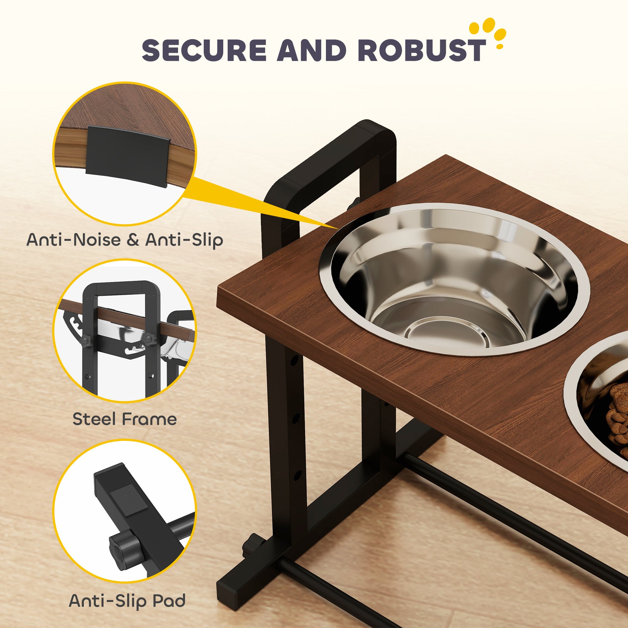 PawHut Raised Dog Bowls with Stand, 4 Heights Adjustable Pet Feeder with 3 Adjustable Angles for Small, Medium & Large Breeds, Brown