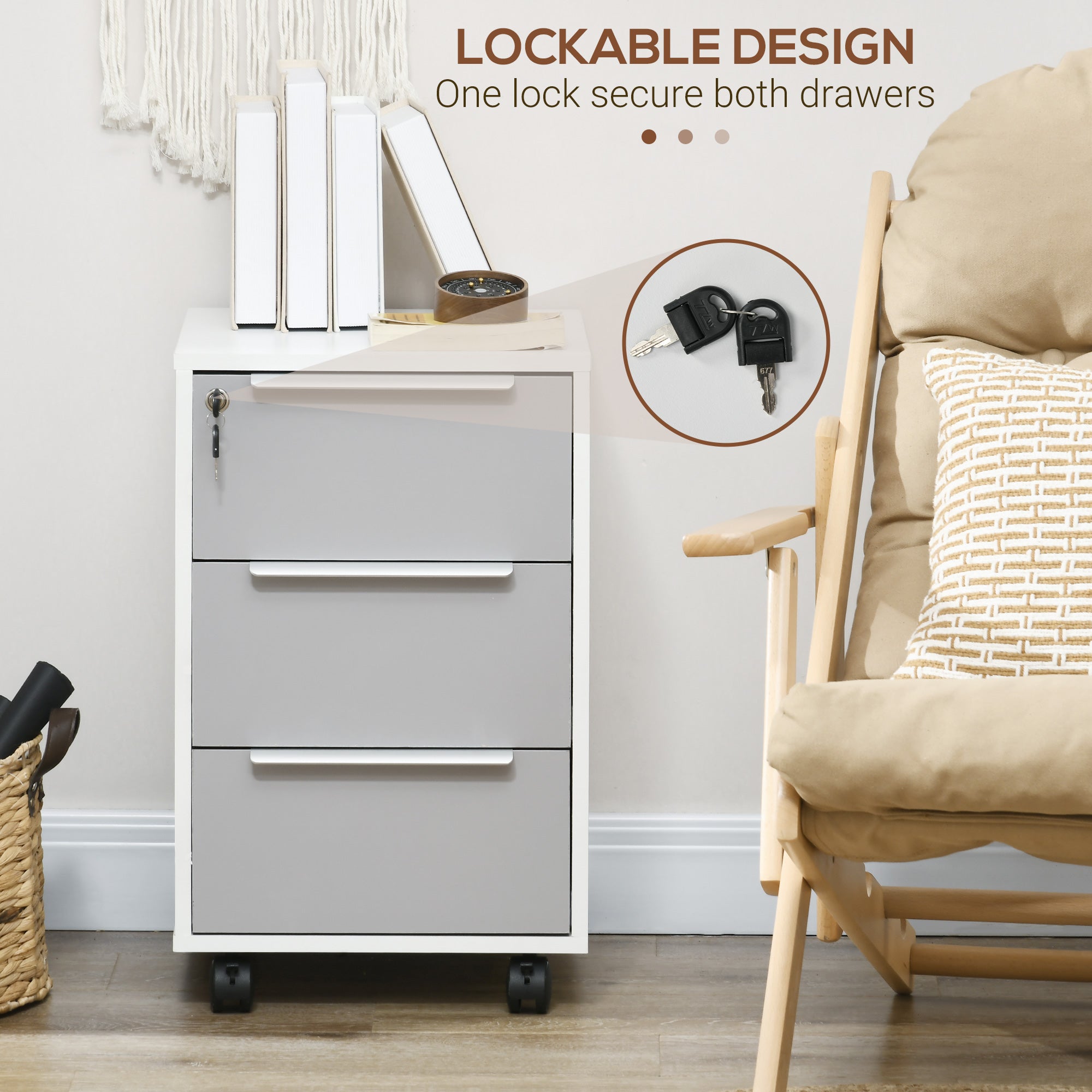 HOMCOM 3-Drawer Locking File Cabinet Mobile Chest of Drawers Side Table on Wheels for Home Office, Bedroom and Living room - North Peak Garden Furniture