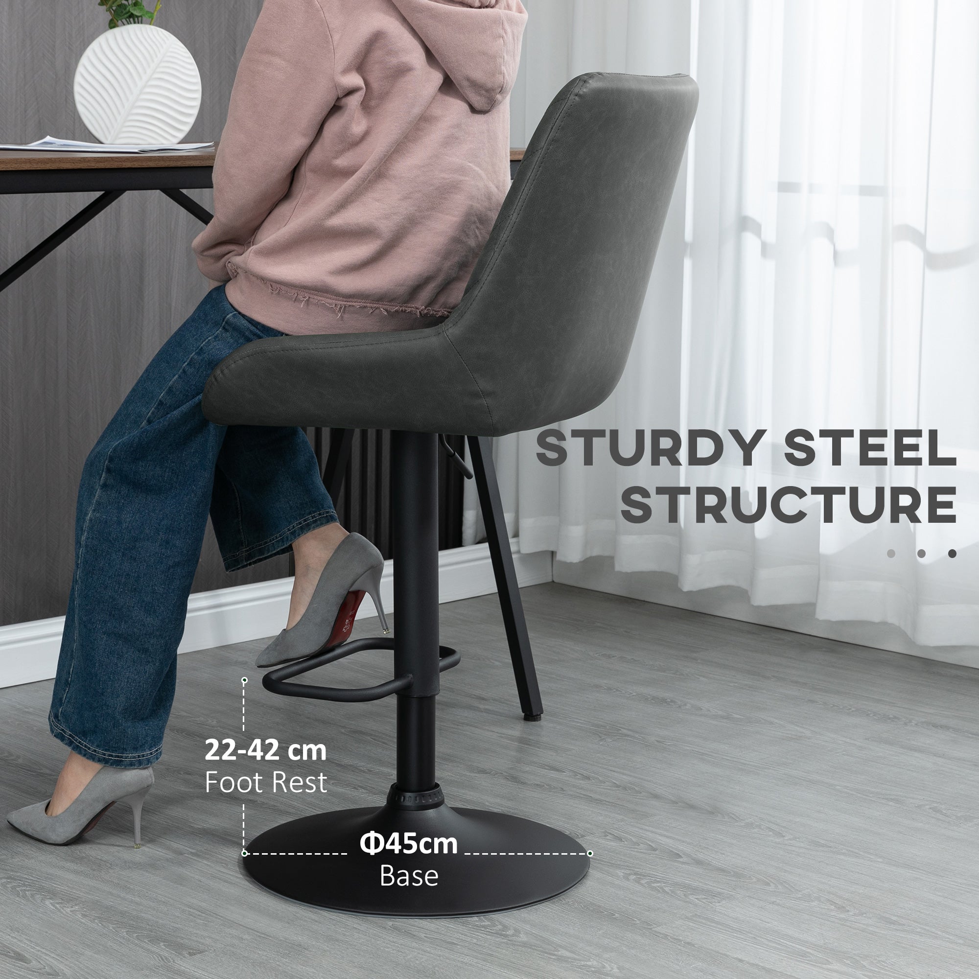 HOMCOM Retro Bar Stools Set of 2, Adjustable Kitchen Stool, Upholstered Bar Chairs with Back, Swivel Seat, Dark Grey - North Peak Garden Furniture