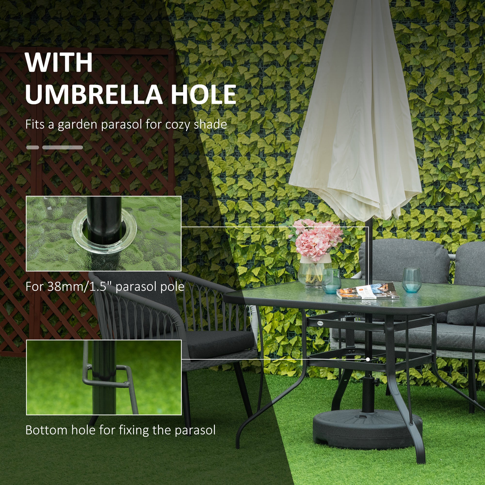 Outsunny Square Outdoor Garden Dining Table with Parasol Hole, Tempered Glass Top, Steel Frame for Garden, Lawn, Patio, Black - North Peak Garden Furniture