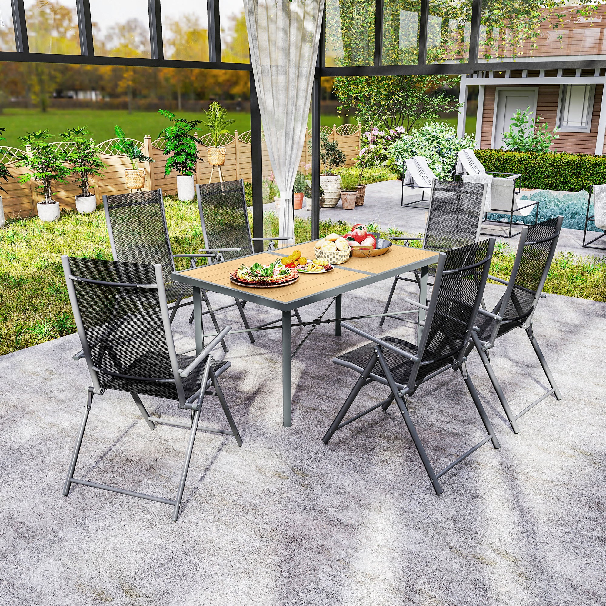 Outsunny Garden Table for 6, Outdoor Dining Table with 5cm Umbrella Hole, Wood Effect Top, Rust Resistant Frame, for Patio, Balcony, Terrace, 150 x 90 cm - North Peak Garden Furniture