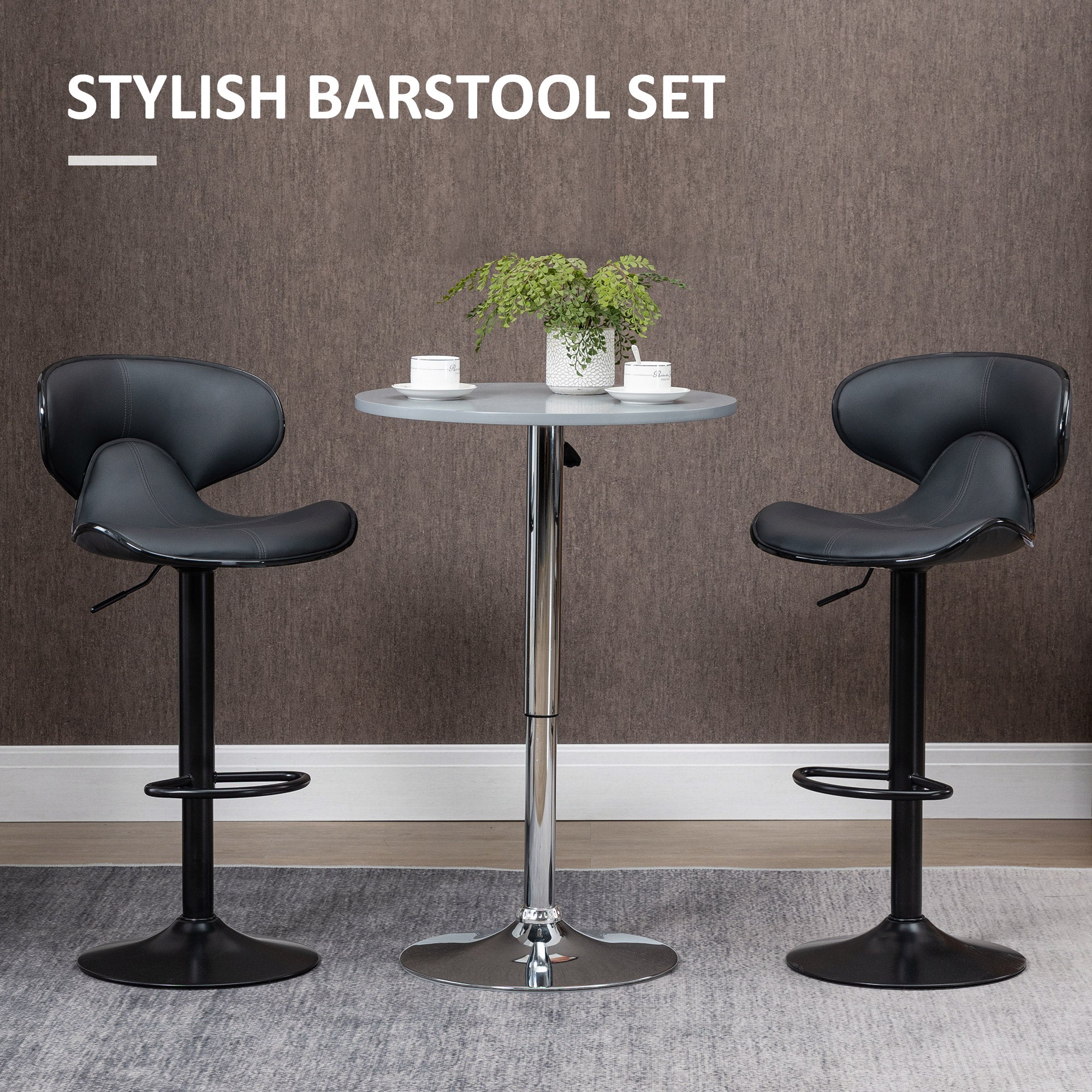 HOMCOM Adjustable Swivel Bar Stools Set of 2, Barstools with Footrest and Backrest, Steel Frame Gas Lift, for Kitchen Counter Dining Room, Grey - North Peak Garden Furniture