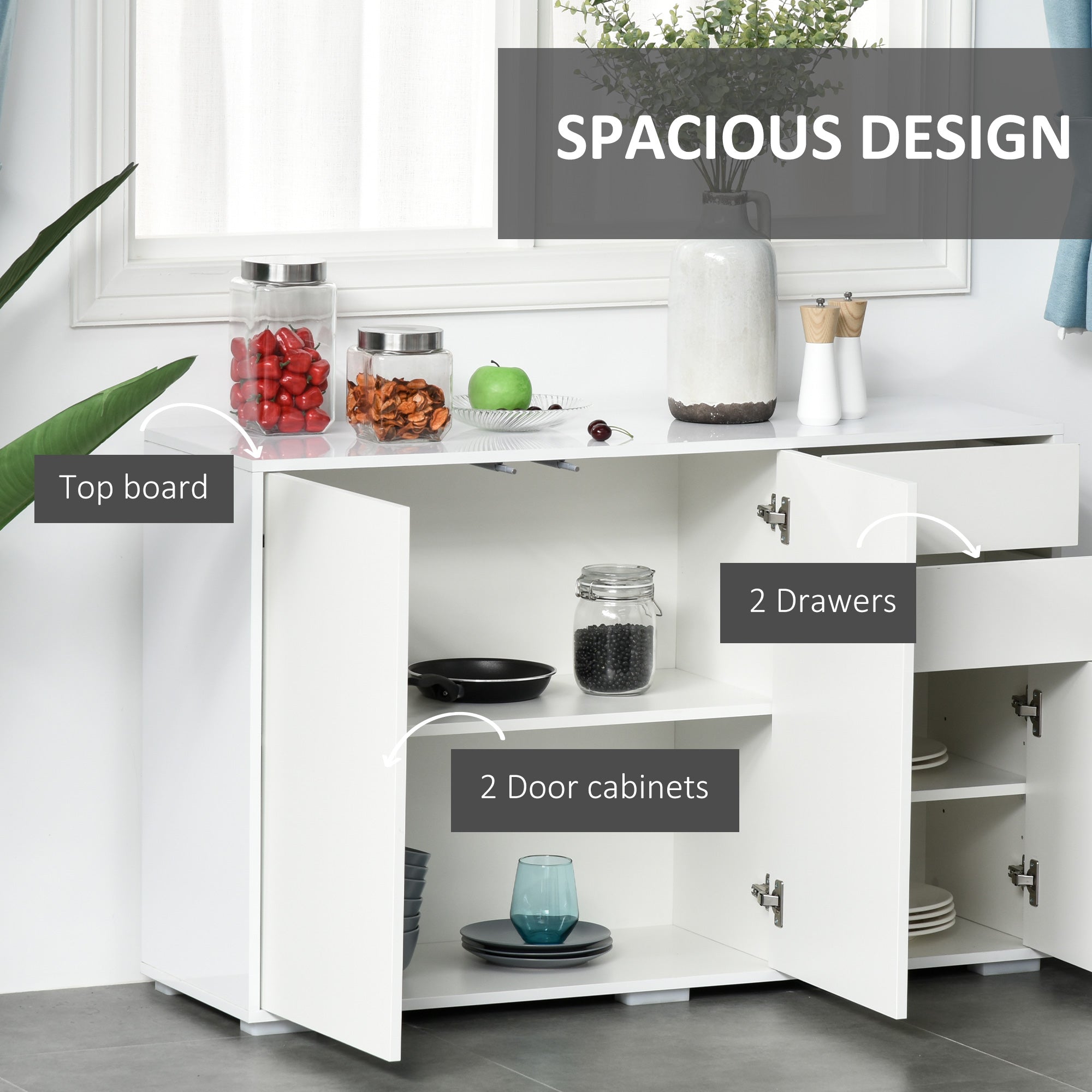 HOMCOM High Gloss Frame Sideboard, Side Cabinet, Push-Open Design with 2 Drawer for Living Room, Bedroom, White - North Peak Garden Furniture