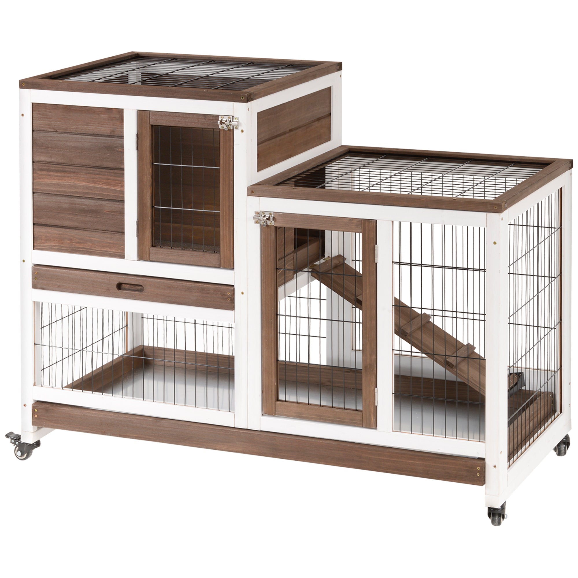 PawHut Two-Tier Rabbit Hutch Pet Cage, with Wheels - Brown - North Peak Garden Furniture