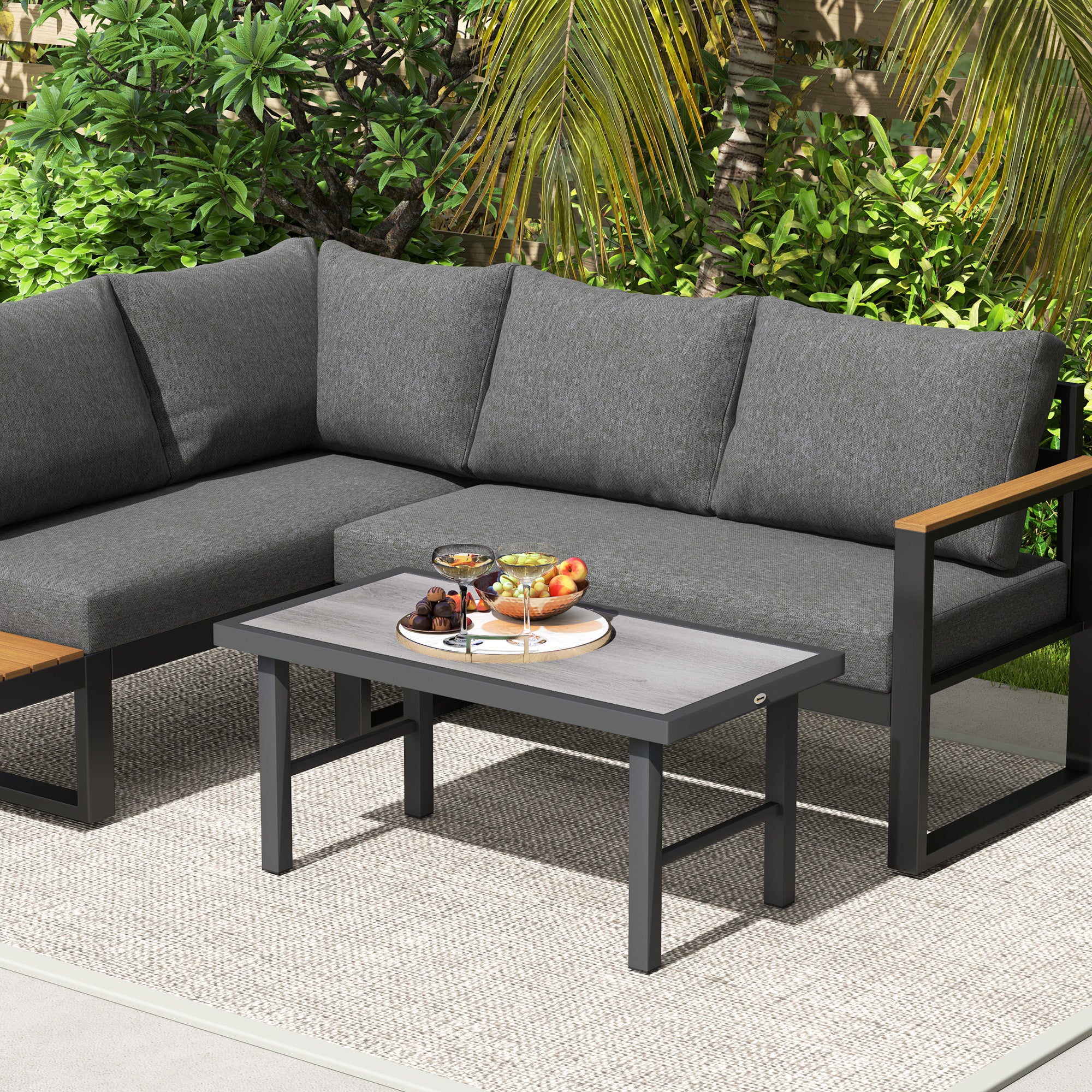 Outsunny Metal Garden Coffee Table, Outdoor Side Table with SPC Woodgrain Tabletop for Outside, Garden, Balcony, Porch, 100 x 53 x 46cm, Grey