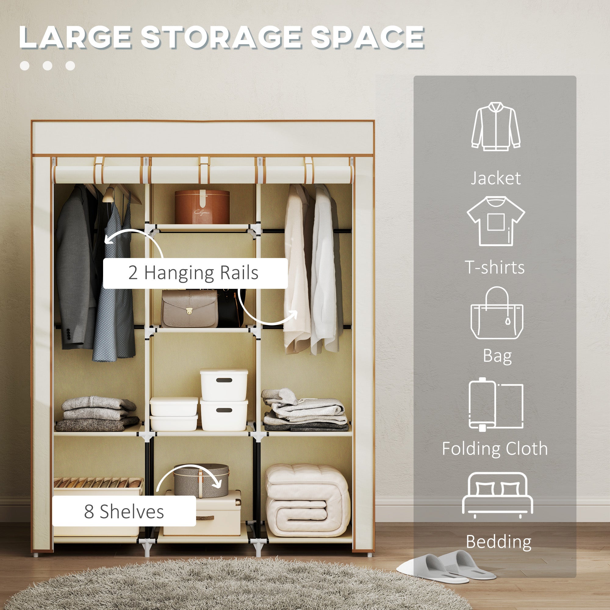 HOMCOM Fabric Wardrobe, Portable Wardrobe, Clothes Storage Unit with 8 Shelves, 2 Hanging Rods, 125 x 43 x 162.5 cm, Cream White - North Peak Garden Furniture