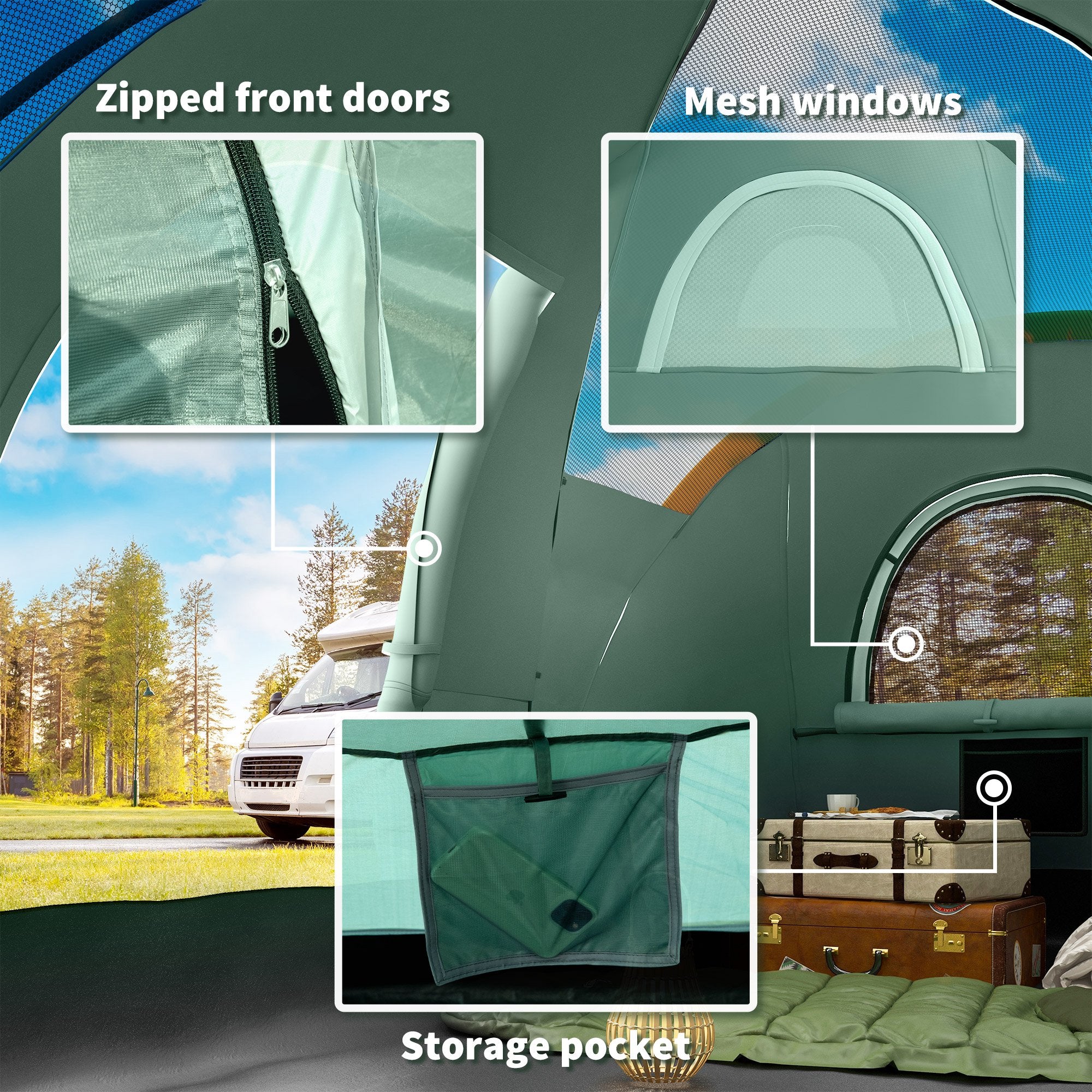 Outsunny 5-6 Man Dome Camping Tent Hiking Shelter UV Protection 3000mm Water Resistant Tunnel Tent - Dark Green - North Peak Garden Furniture