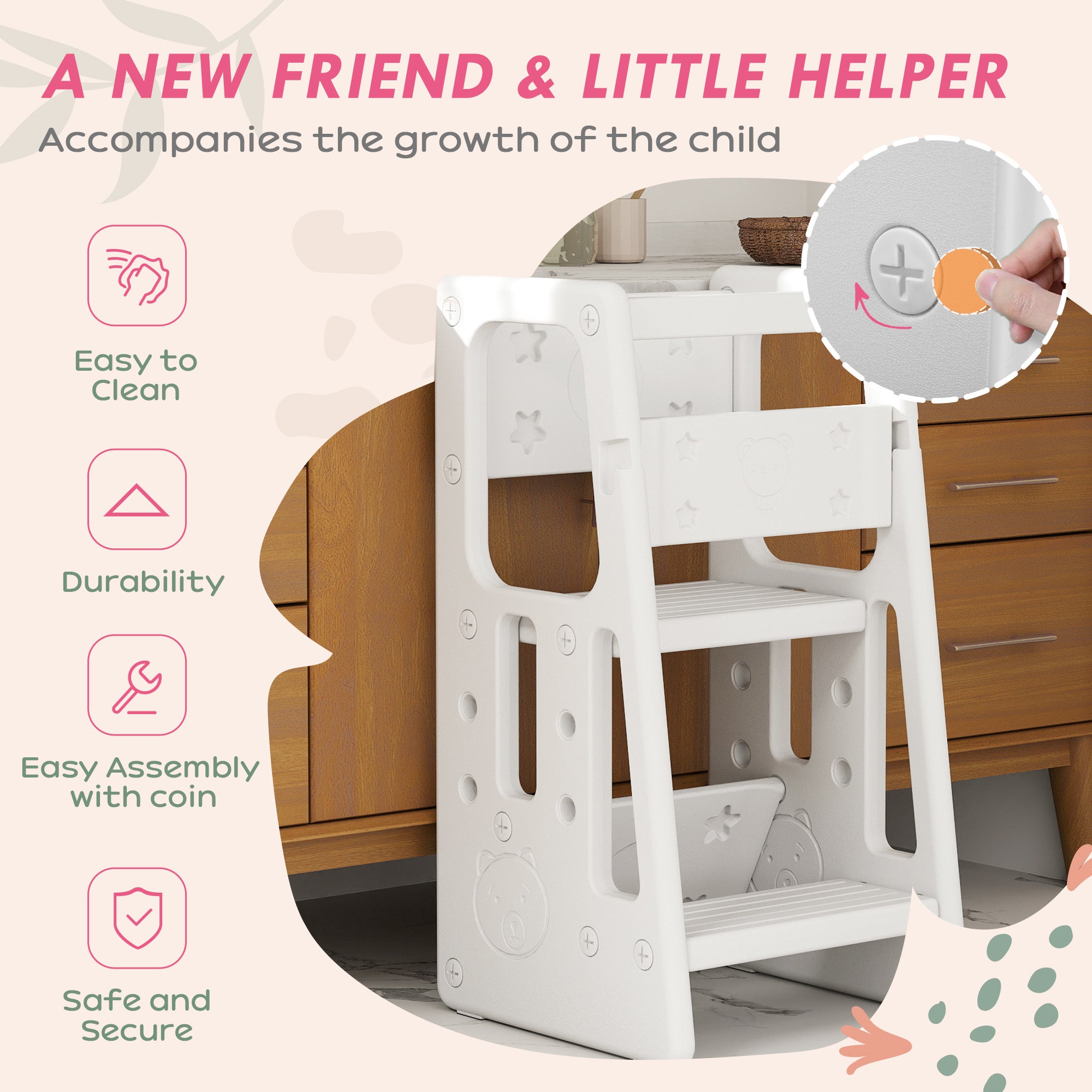 HOMCOM Kids Step Stool, Adjustable Standing Platform, Toddler Kitchen Stool - North Peak Garden Furniture