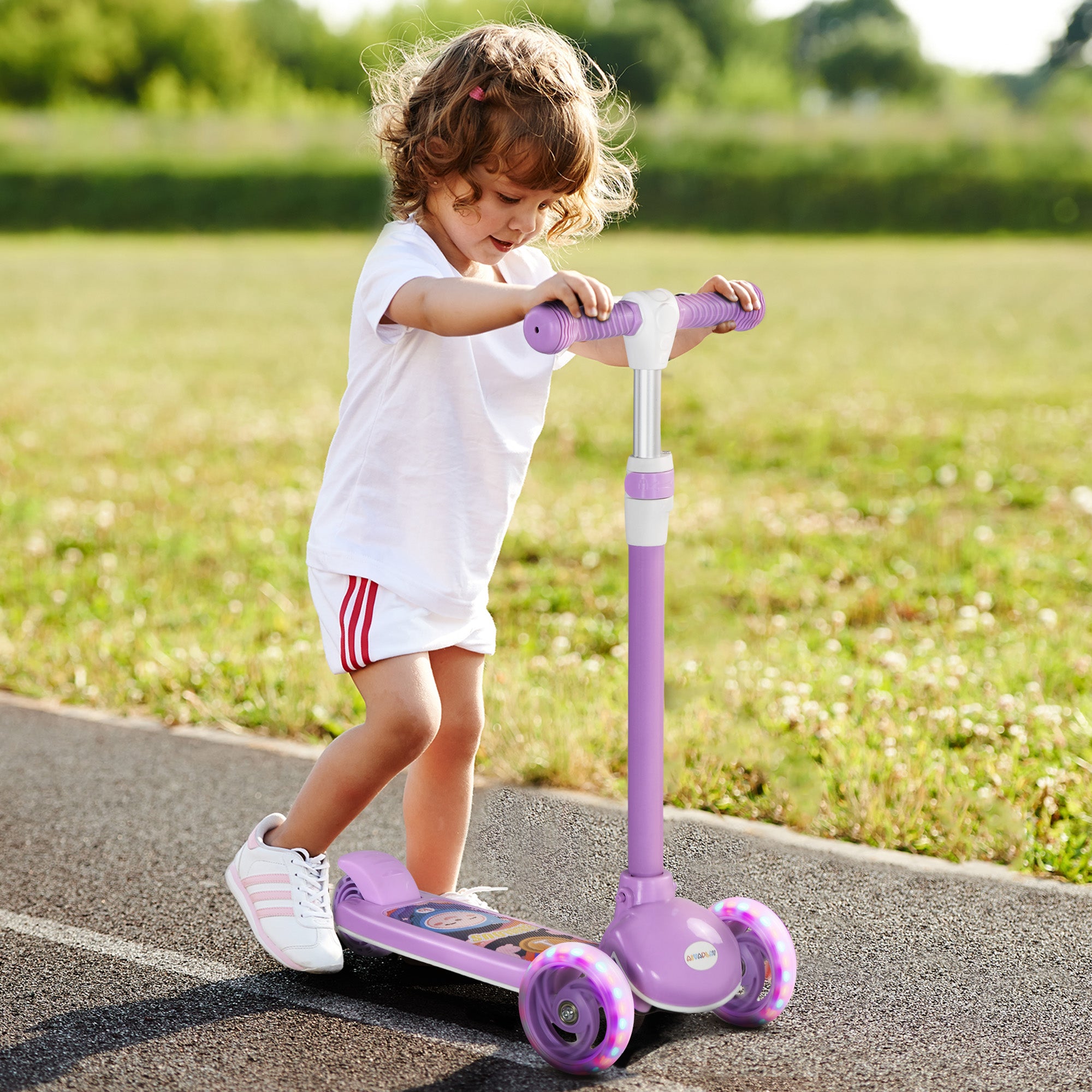 AIYAPLAY Kids 3 Wheel Scooter for 2-6 Years Old w/ Adjustable Height, LED Light, TPE Handlebar, Purple - North Peak Garden Furniture