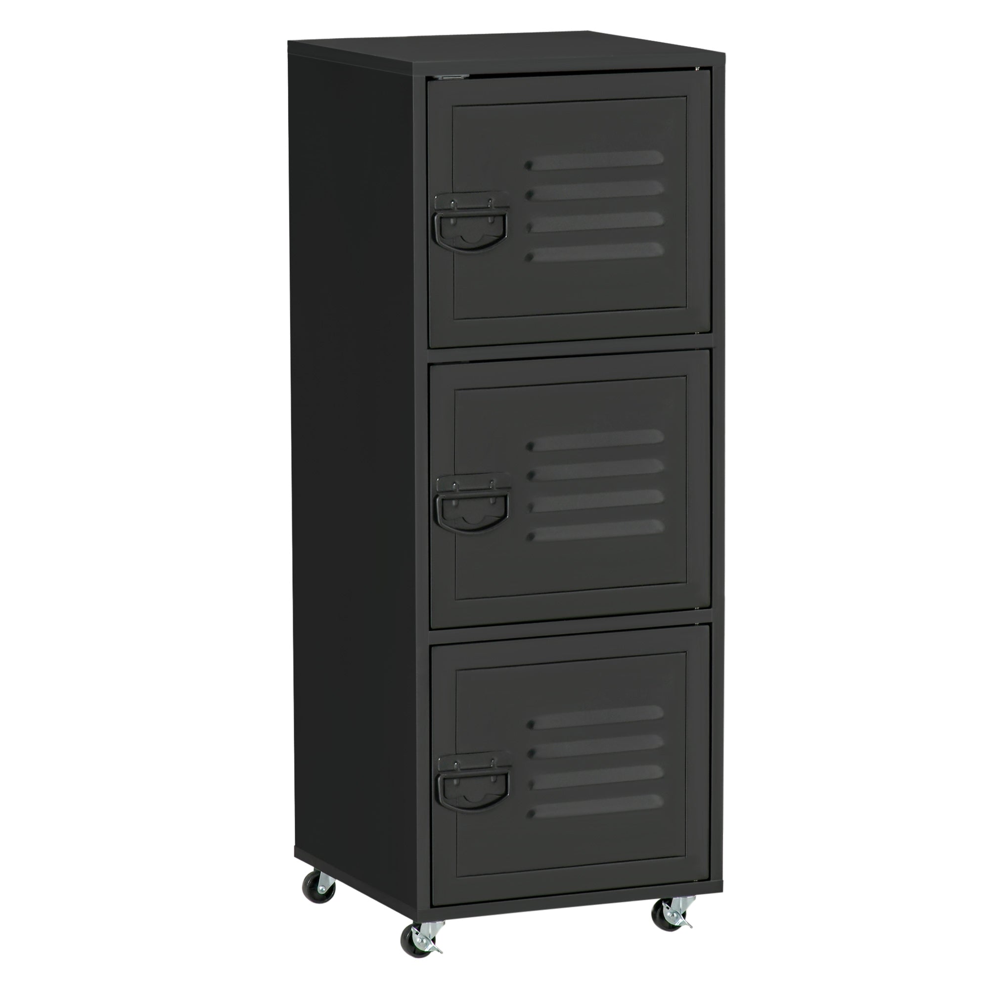 HOMCOM Rolling Storage Cabinet 3-Tier Mobile File Cabinet with Wheels & Metal Doors for Home Office, Living Room, Black - North Peak Garden Furniture