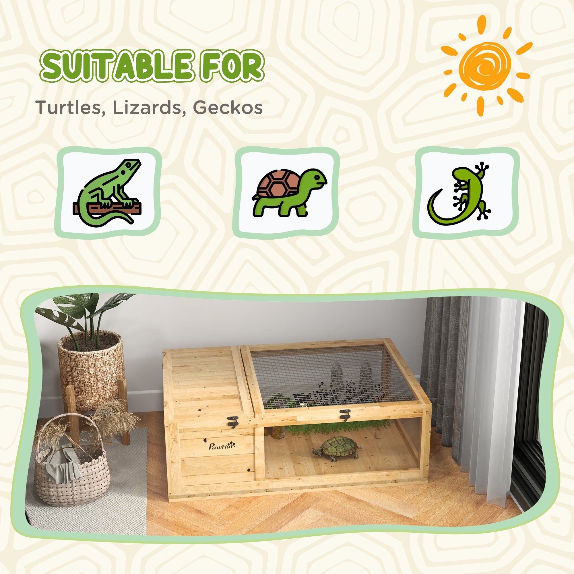 PawHut Tortoise House, Small Reptile Wooden House, with Mesh Roofs, Side Panels, for Turtles, Lizards, Geckos and Snakes