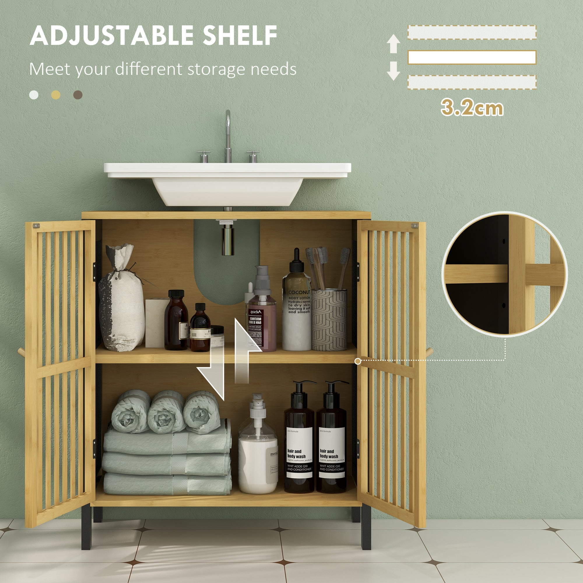 HOMCOM Bamboo-Blend Retro Cut-Out Under Sink Cabinet - North Peak Garden Furniture