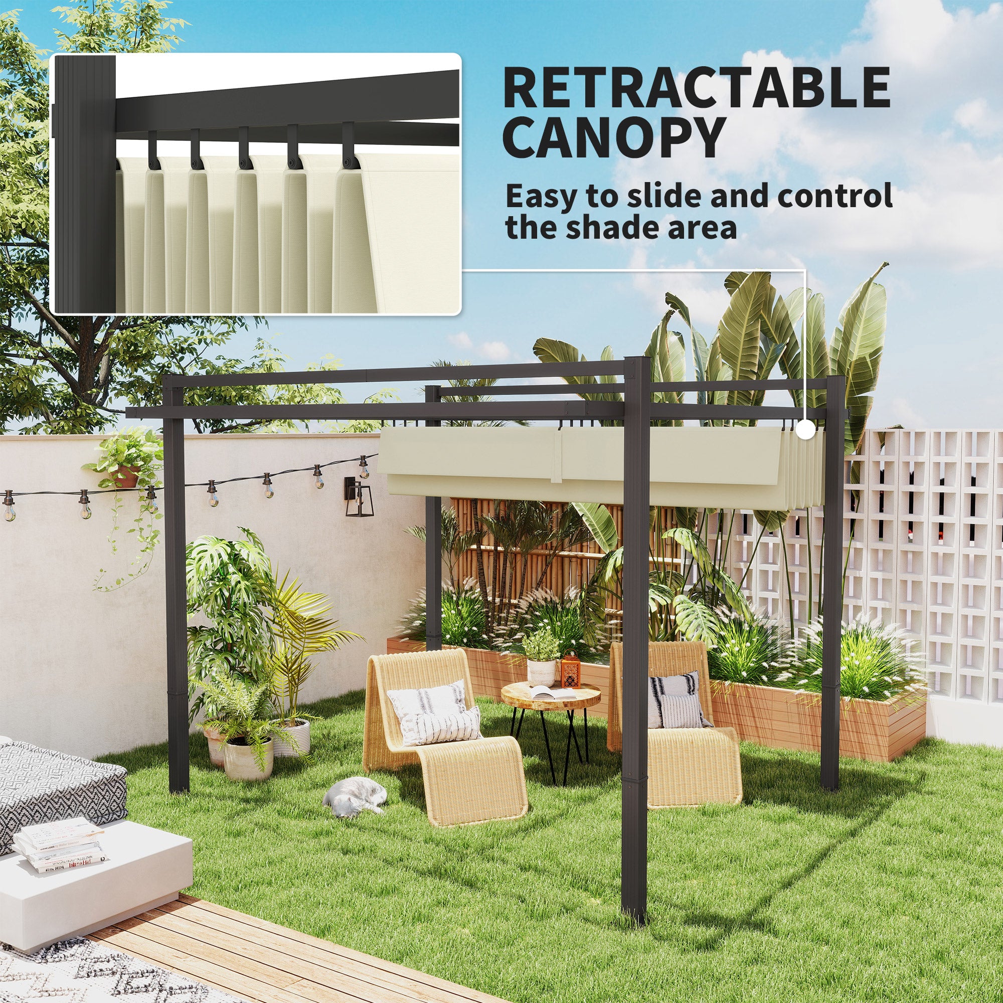 Outsunny 3 x 3m Aluminium Pergola, with Retractable Roof - Grey/Khaki - North Peak Garden Furniture