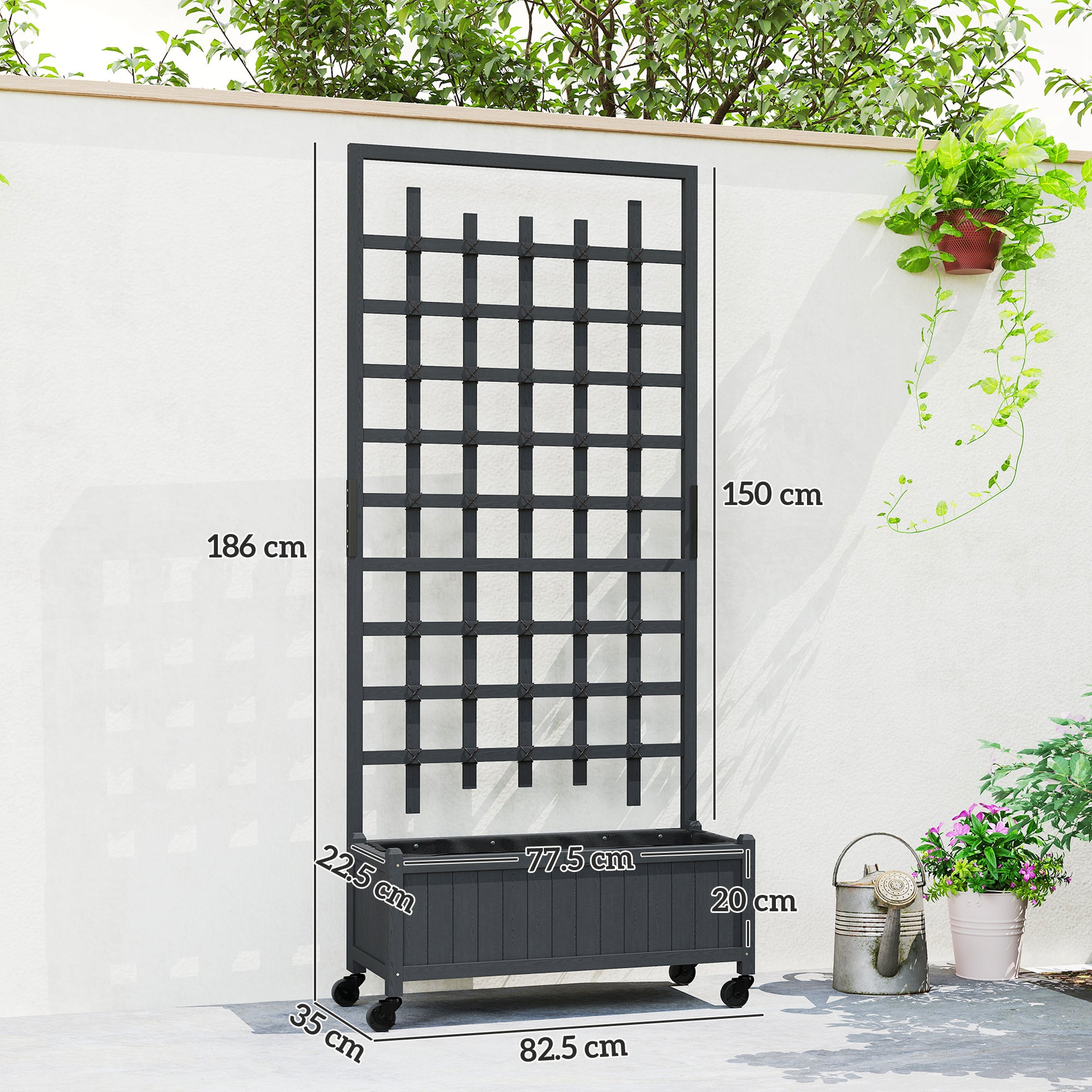 Outsunny Wooden Trellis Planter, Raised Garden Bed with Wheels, to Climb and Grow Vegetables, Herbs and Flowers, Grey