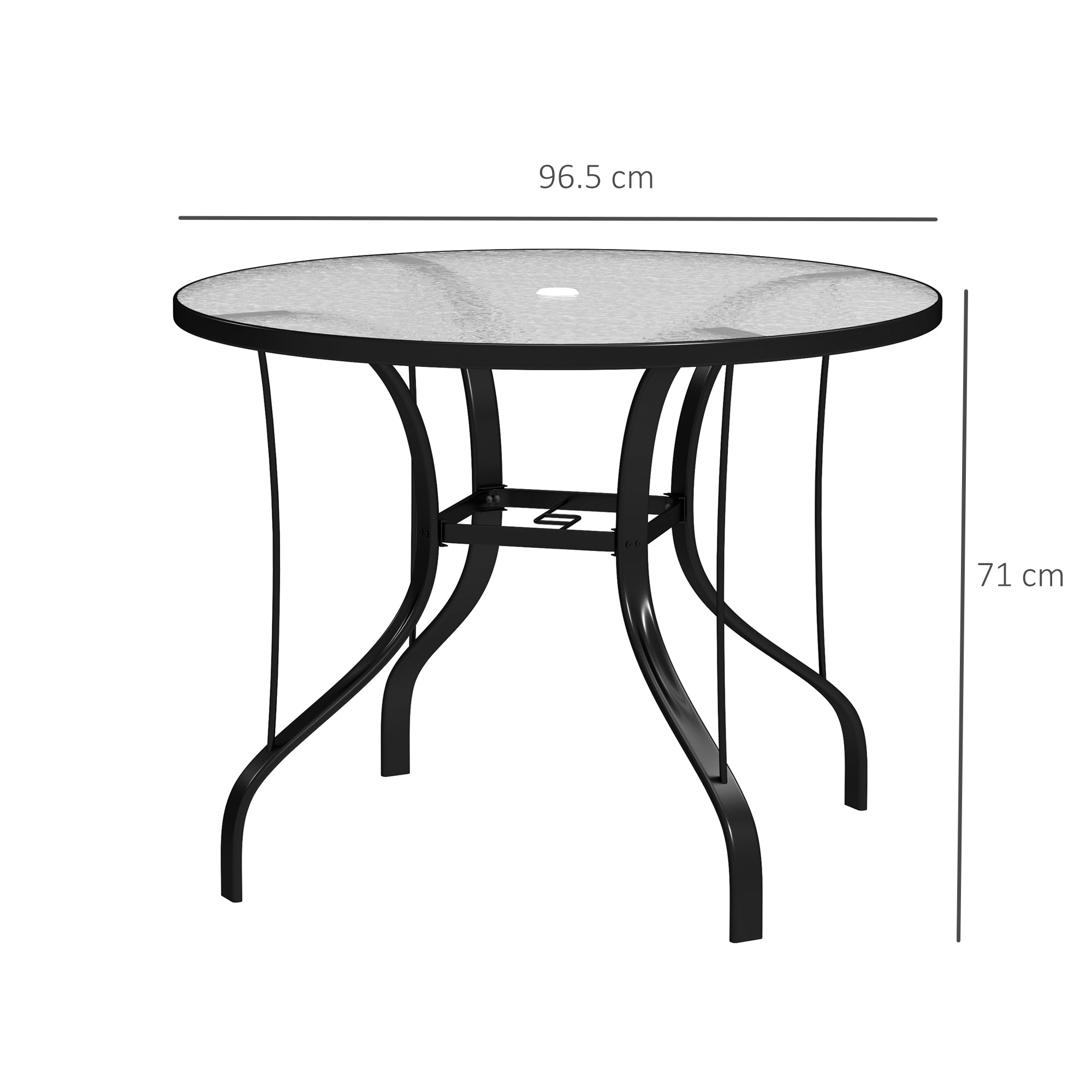 Outsunny Tempered Glass Top Round Outdoor Dining Table with Parasol Hole, 96.5 x 96.5 x 71 cm - North Peak Garden Furniture