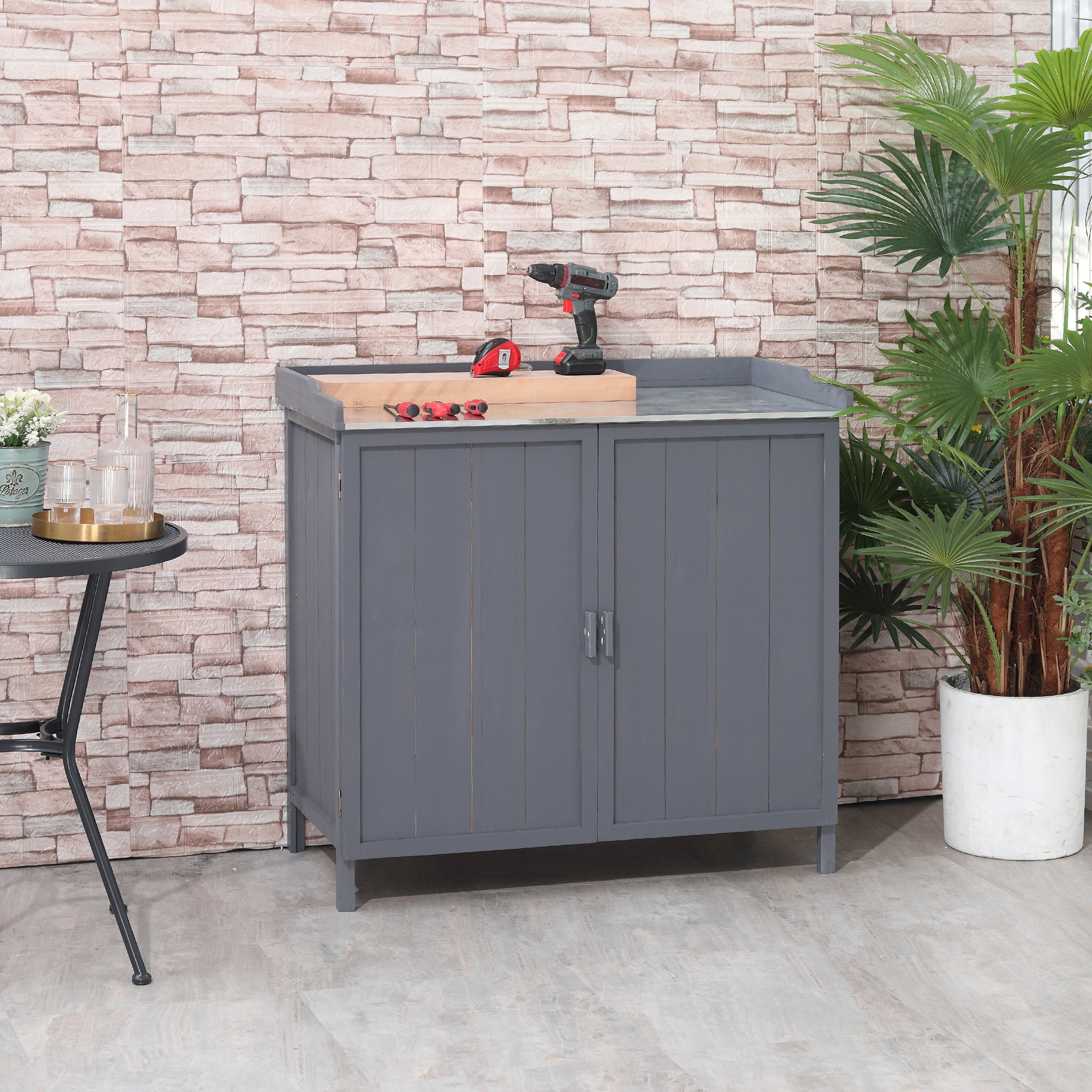 Outsunny Garden Storage Cabinet, Outdoor Tool Shed, Potting Bench Table with Galvanized Top and Two Shelves for Yard Tools or Pool Accessories, Grey - North Peak Garden Furniture