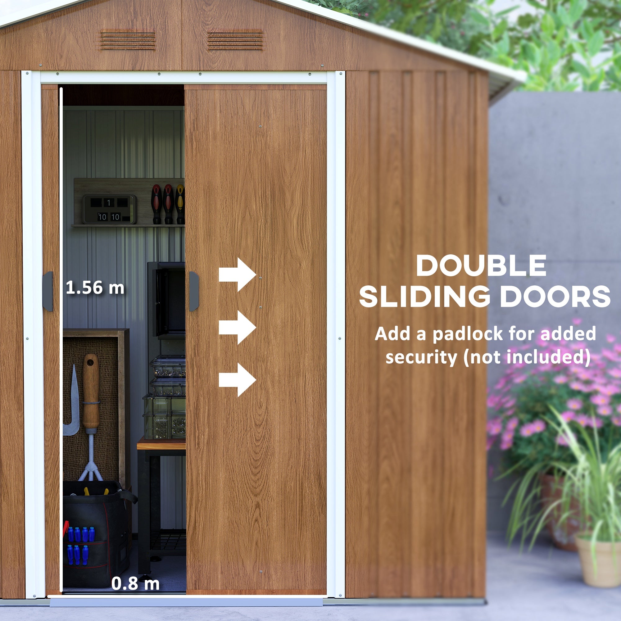 Outsunny 6.5 x 3.5ft Metal Garden Storage Shed - Brown Wood Effect - North Peak Garden Furniture