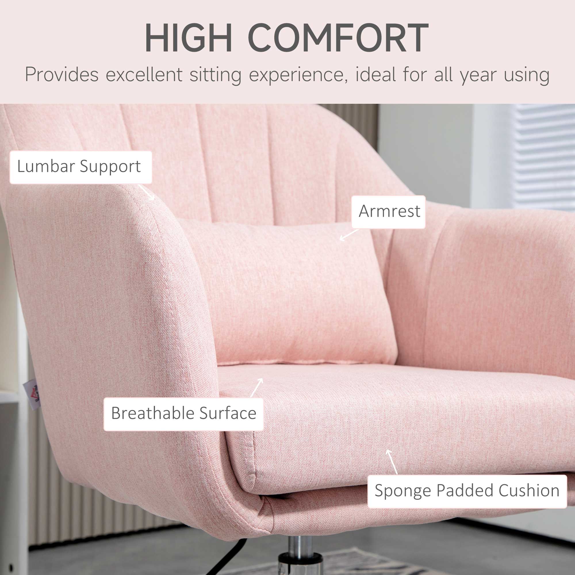HOMCOM Swivel Linen Fabric Accent Chair for Living Room Contemporary Vanity Armchair with Adjustable Height Thick Cushion Lumbar Support Armrest for Bedroom Office Pink - North Peak Garden Furniture