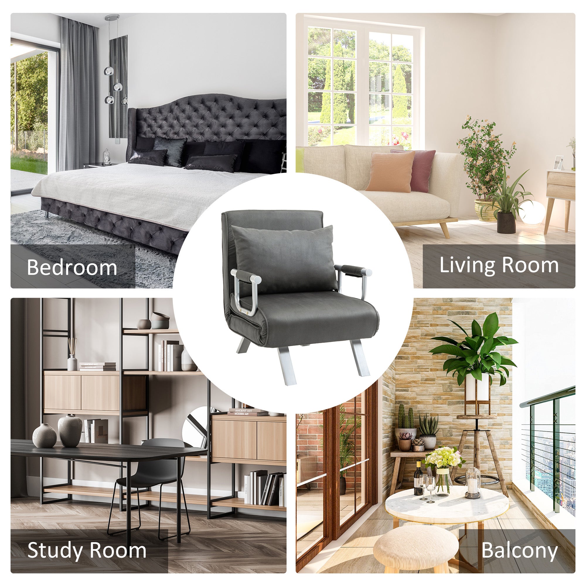 HOMCOM Modern 4-In-1 Single Sofa Bed Sleeper Foldable Portable Armchair Bed Chair Lounge Couch with Pillow for Living Room, Bedroom, Dark Grey - North Peak Garden Furniture