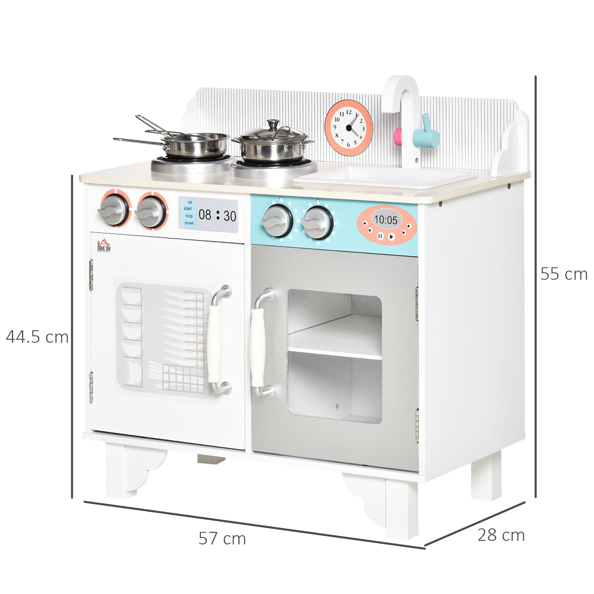 HOMCOM Kids Wooden Play Kitchen Toy Cooking Set Pretend Role Playset, with, Cooking Bench, Stainless Steel Pot for 3-6 Years - North Peak Garden Furniture