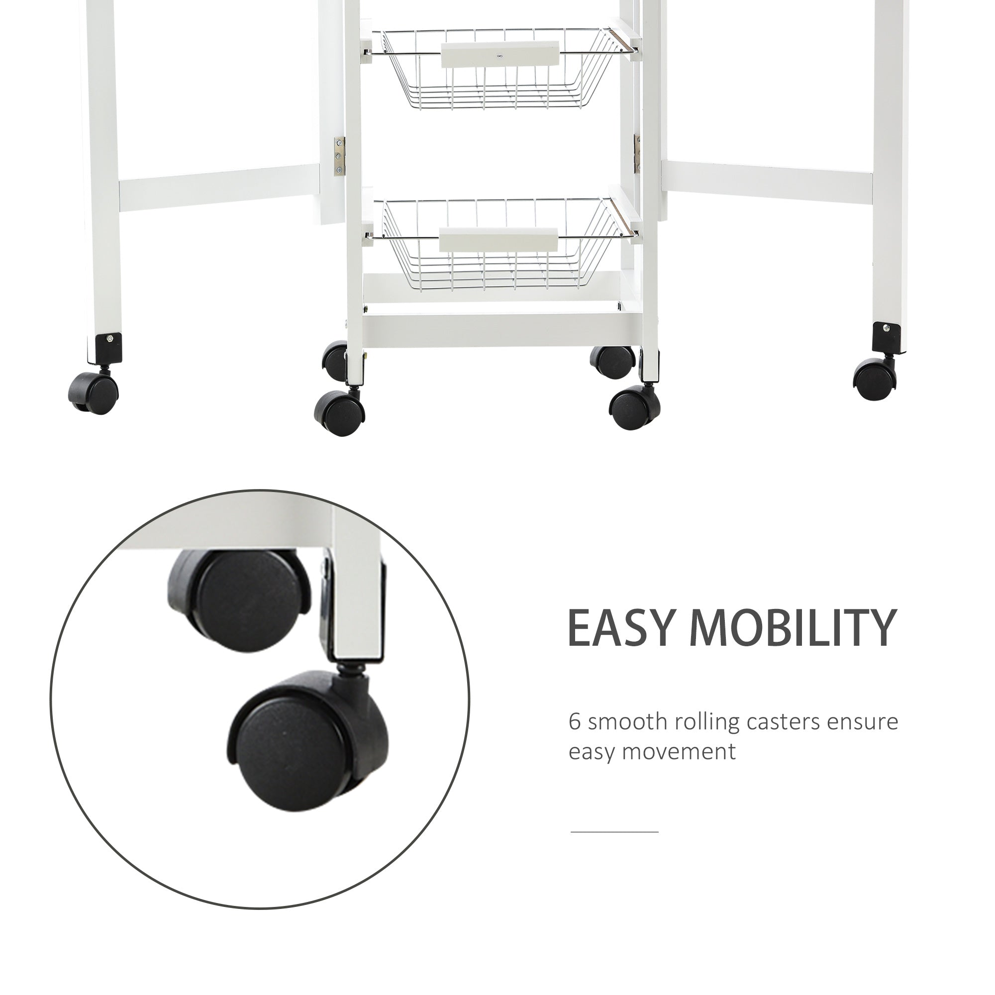 HOMCOM Drop-Leaf Kitchen Cart Trolley w/ 3 Baskets Drawer Surface Top 6 Universal Wheels Rolling Storage Unit Kitchen Home Dining Island White Oak Tone - North Peak Garden Furniture