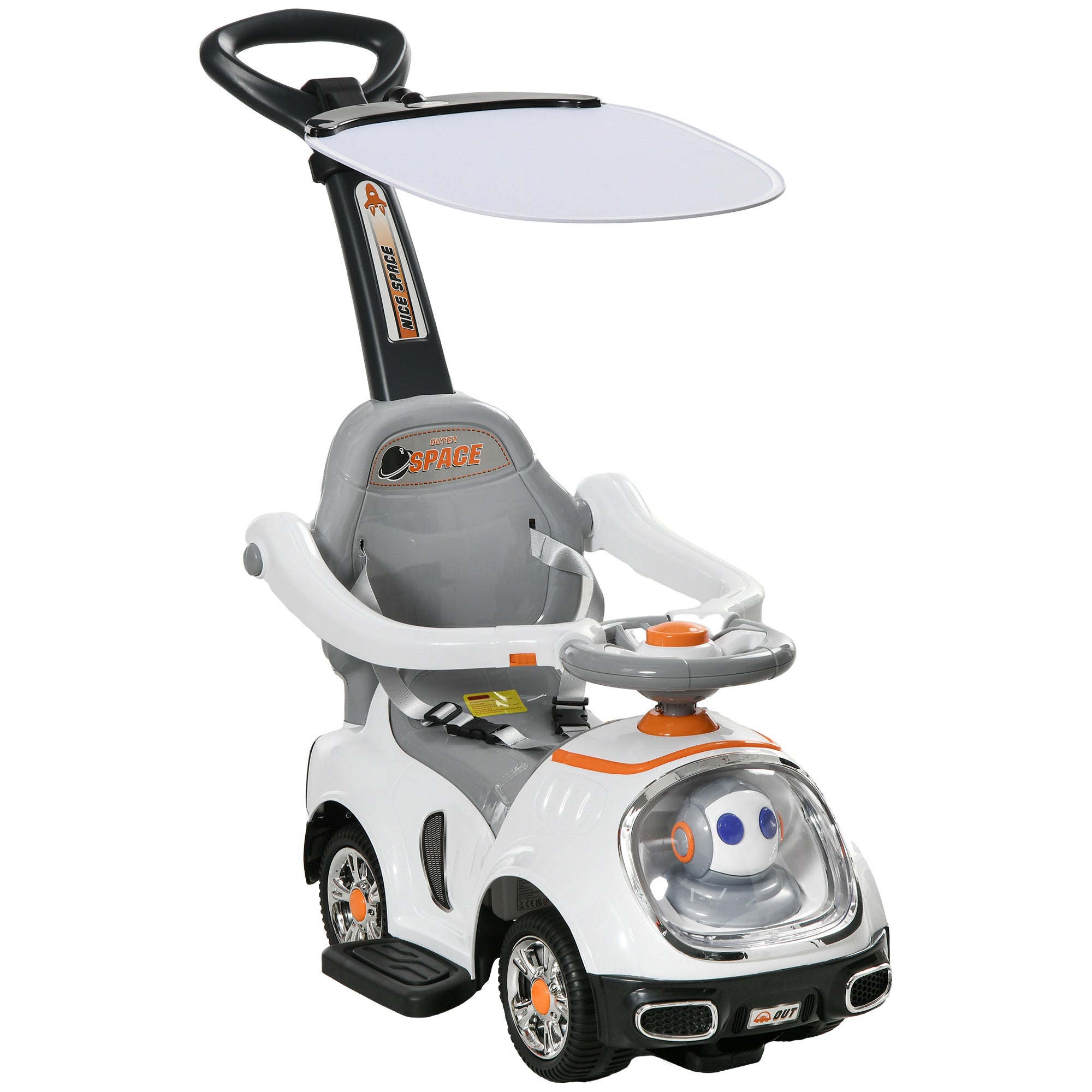 AIYAPLAY 3 in 1 Ride on Push Car, Cartoon Robot Theme Foot to Floor Slider w/ Handle Light Music Horn, Storage - White - North Peak Garden Furniture
