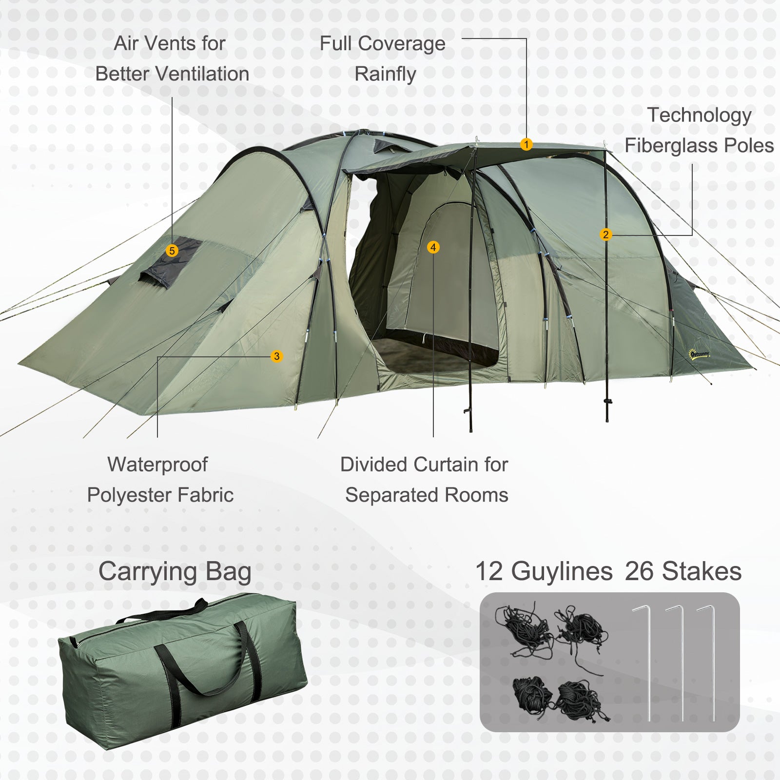 Outsunny 5 Man Camping Tent Two Bedroom Tunnel Tent Family Tent Shelter with Rainfly and Carry Bag for Backpacking Hiking Festival, 5.8 x 2.6 x 2m