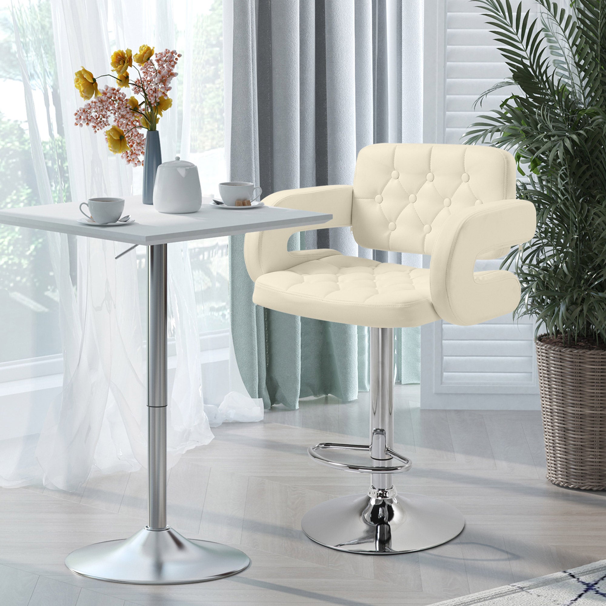 HOMCOM PU Leather Upholstered Swivel Bar Stool, Height Adjustable Barstool with Back, Armrest, Footrest for Kitchen - North Peak Garden Furniture