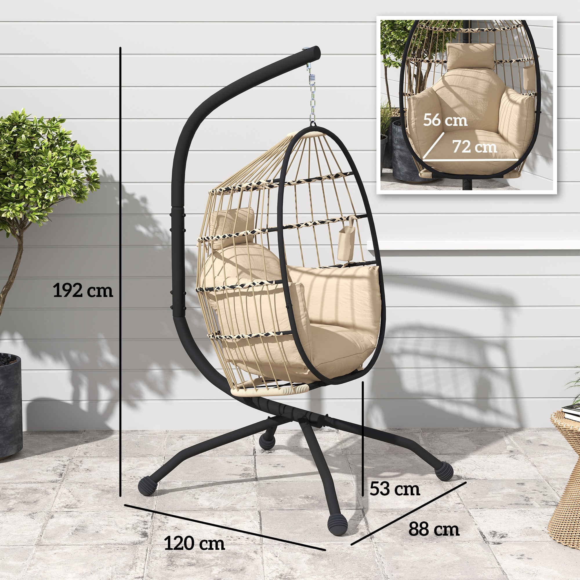 Outsunny Hanging Egg Chair Outdoor Indoor Garden Swing Chair with Folding Basket and Thickened Cushion, Garden Hanging Chair with Stand, Headrest, Cup Holder for Patio, Balcony, Khaki