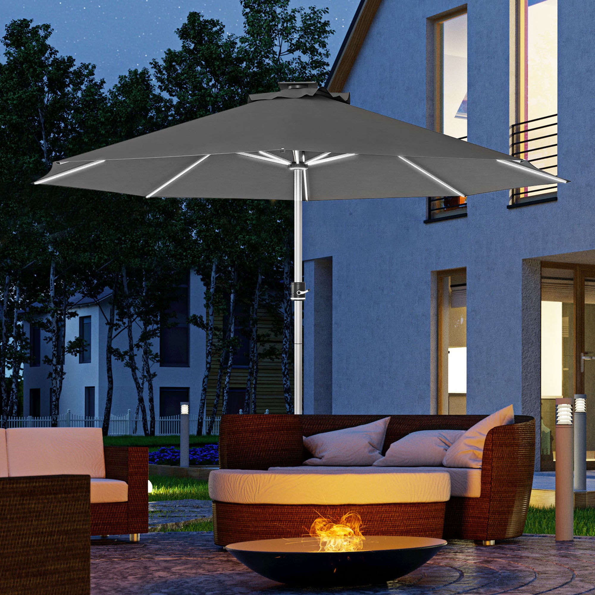 Outsunny 3m Parasol, with Solar-Powered LED Lights - Grey