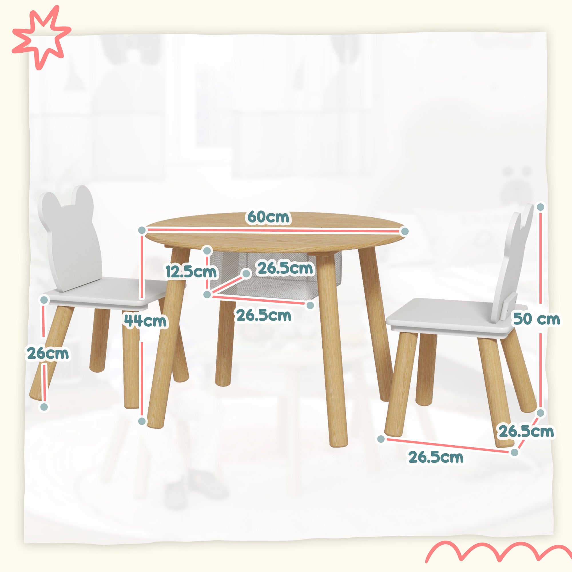 AIYAPLAY 3-Piece Kids Activity Table Set with Centre Mesh Bag, Bear-Shaped Backrest, for Arts and Crafts, Reading, Dining