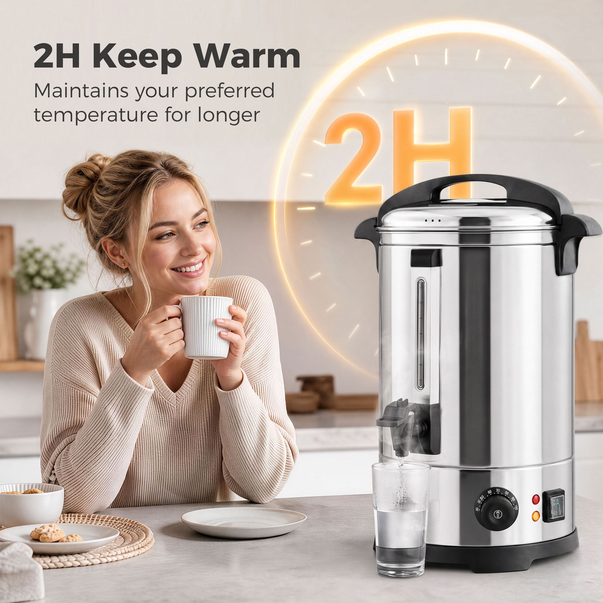 HOMCOM 6.5L Catering Urn, 1500W Stainless Steel Hot Water Boiler Dispenser with Thermostat, Keep Warm Function & Easy Pour Tap