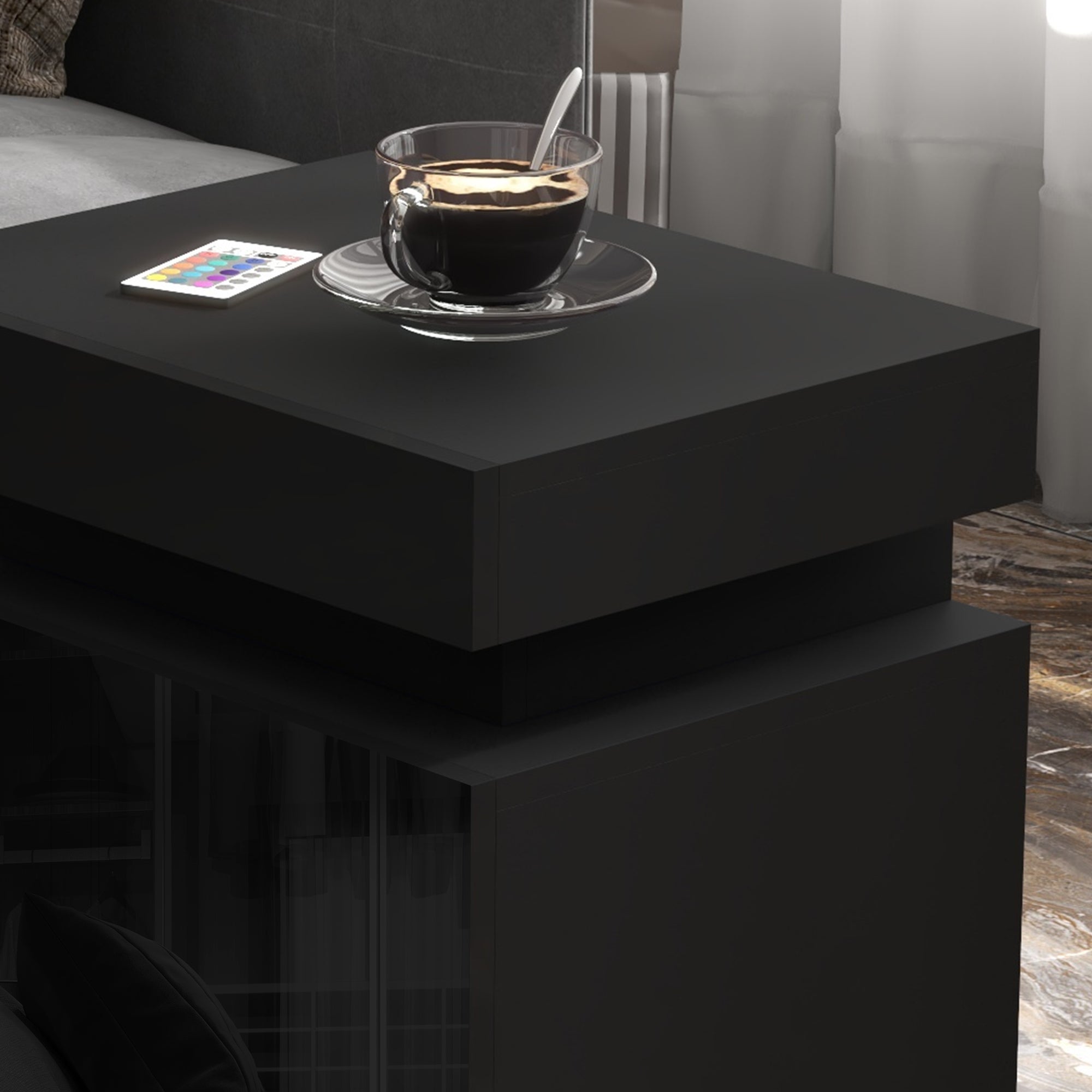 HOMCOM Black Bedside Table with LED Light, High Gloss Front Nightstand with 2 Drawers, for Living Room, Bedroom - North Peak Garden Furniture